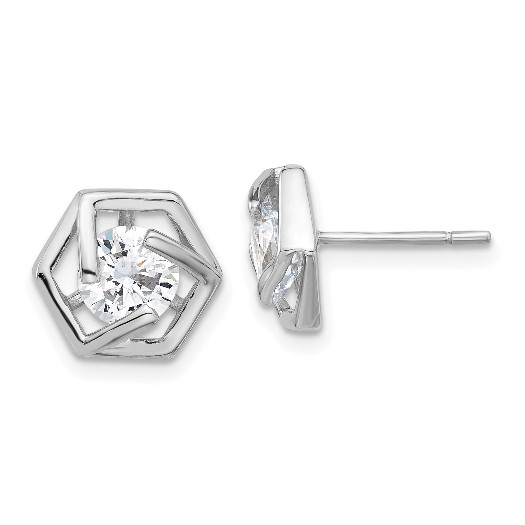 Sterling Silver Rhodium-plated Polished CZ Hexagon Post Earrings Main image
