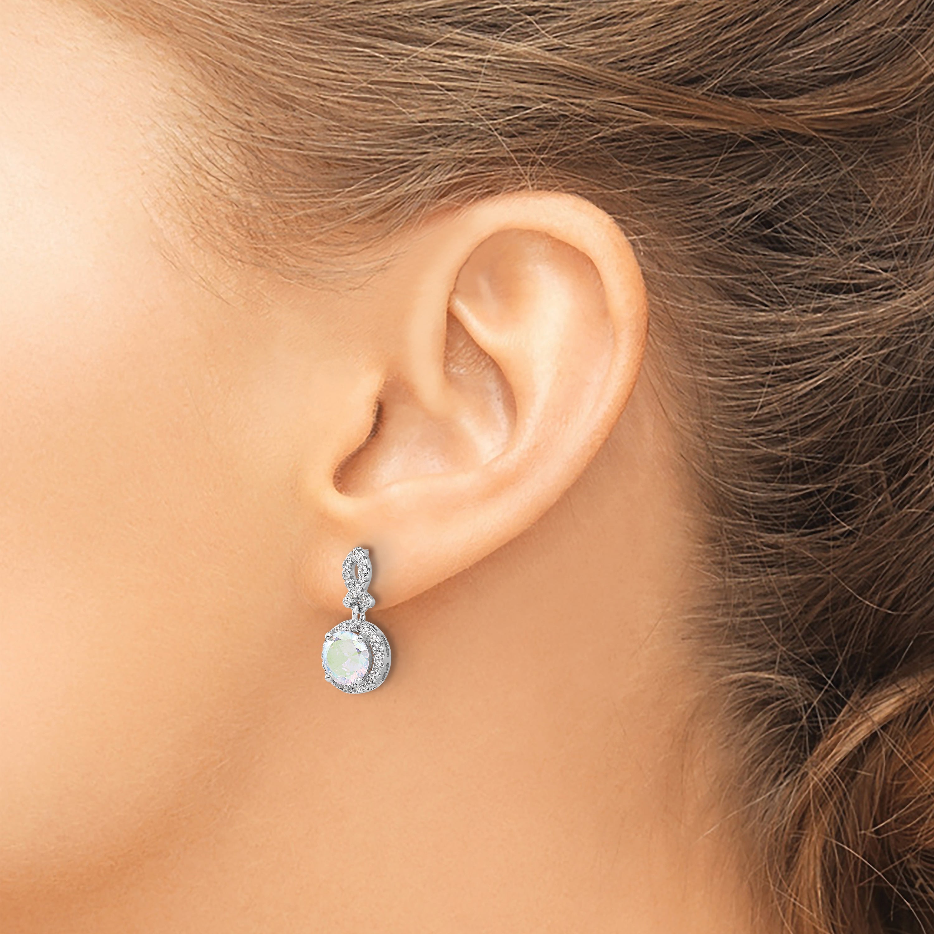 Sterling Silver Rhod-plated Iridescent & Clear CZ Post Dangle Earrings