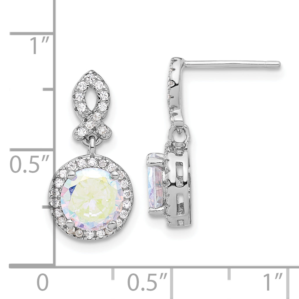 Sterling Silver Rhod-plated Iridescent & Clear CZ Post Dangle Earrings