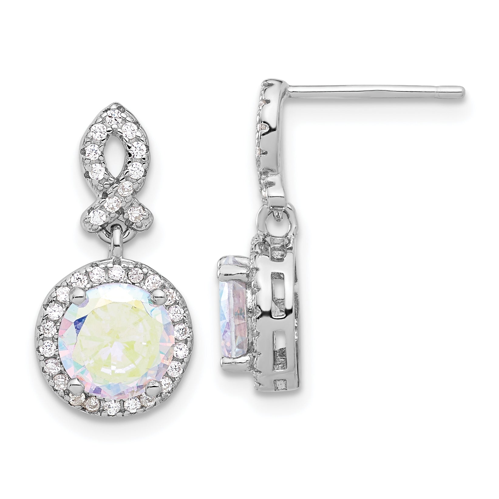 Sterling Silver Rhod-plated Iridescent & Clear CZ Post Dangle Earrings Main image