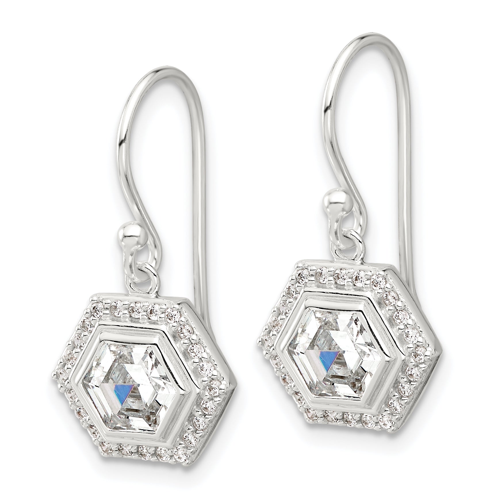 Sterling Silver E-coated Polished CZ Hexagon Dangle Earrings Secondary image