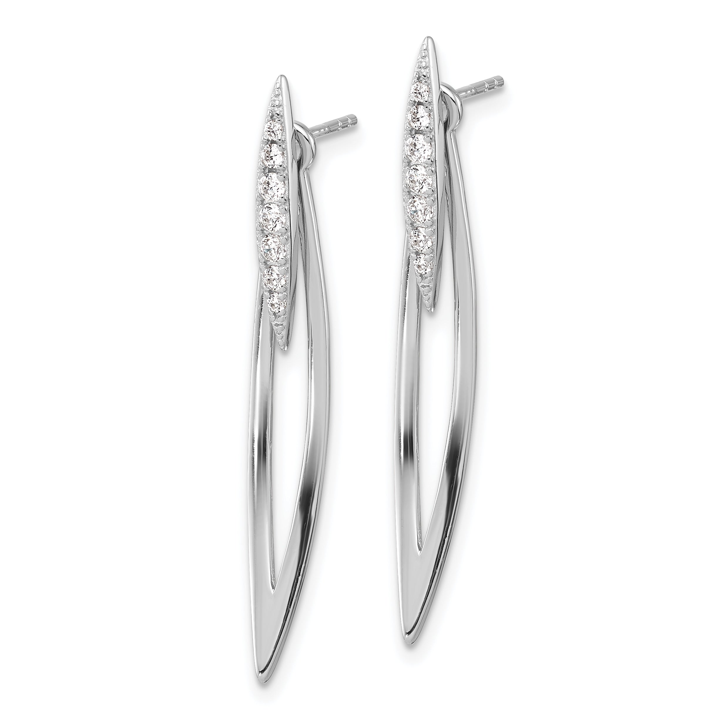 Sterling Silver RH-plated Curved Point CZ w/ Jacket Post Dangle Earrings