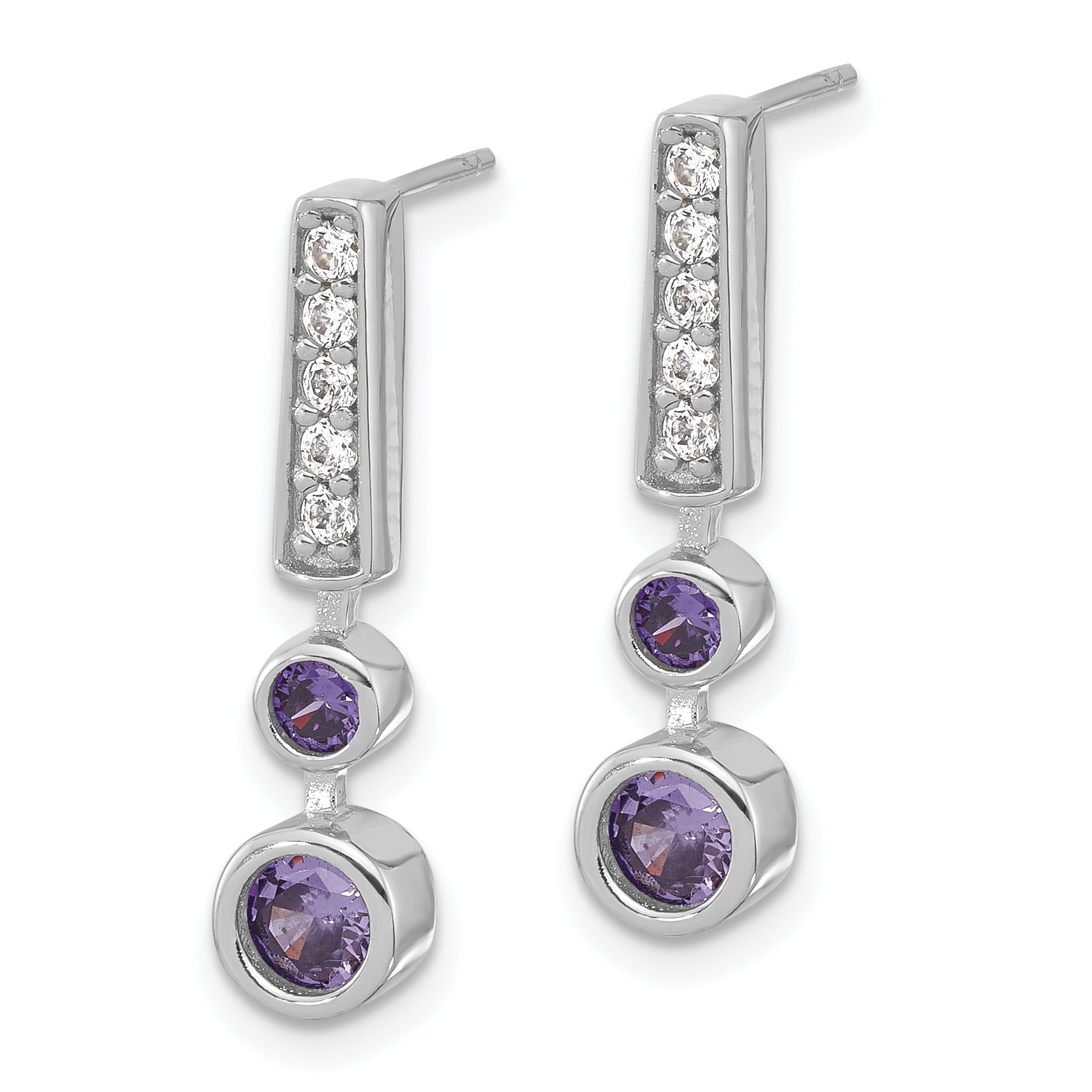 Sterling Silver RH-plated Purple & Clear CZ Post Dangle Earrings Secondary image