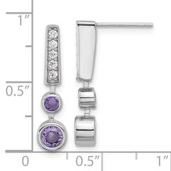 Sterling Silver RH-plated Purple & Clear CZ Post Dangle Earrings