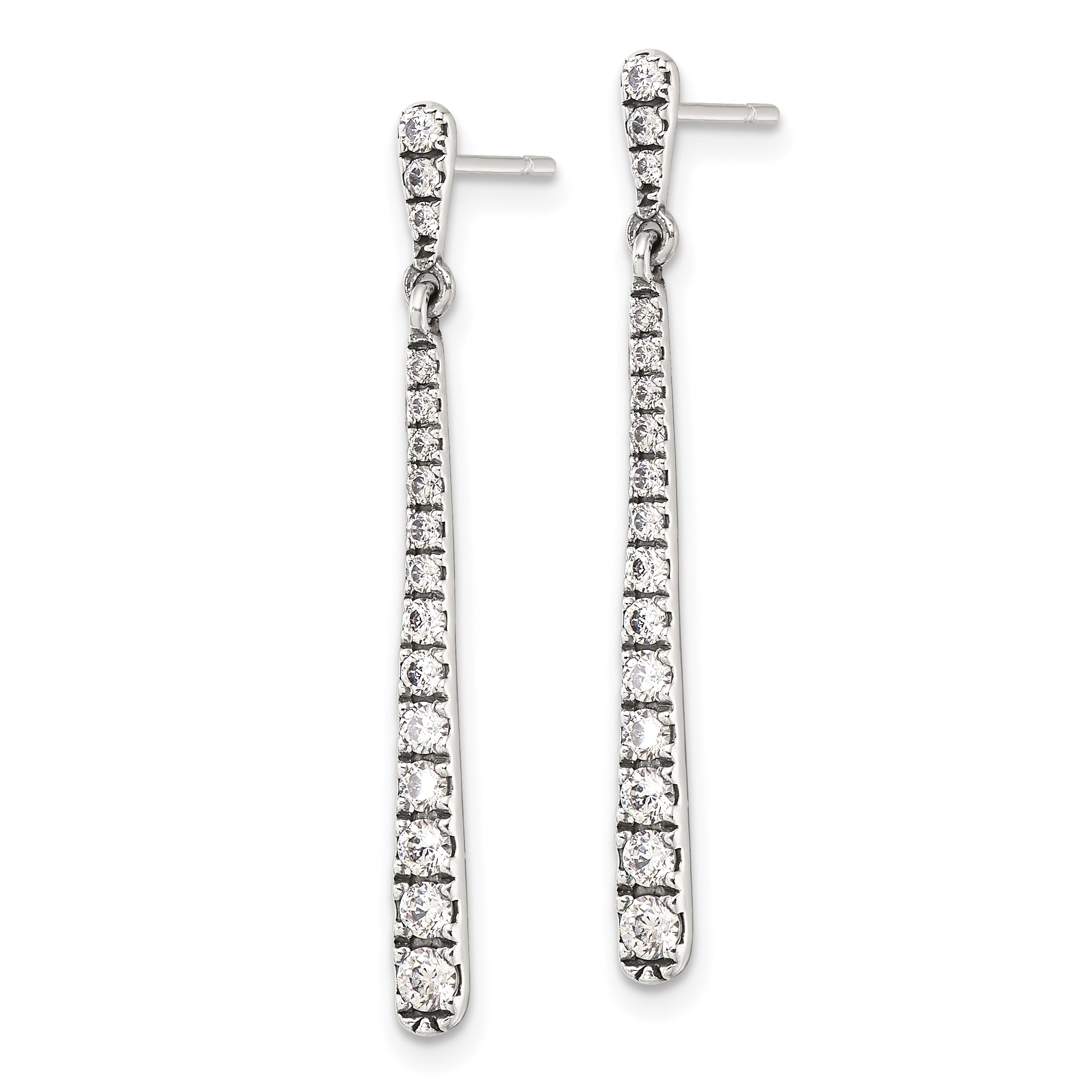 Sterling Silver Polished & Antiqued Graduated CZ Post Dangle Earrings Secondary image