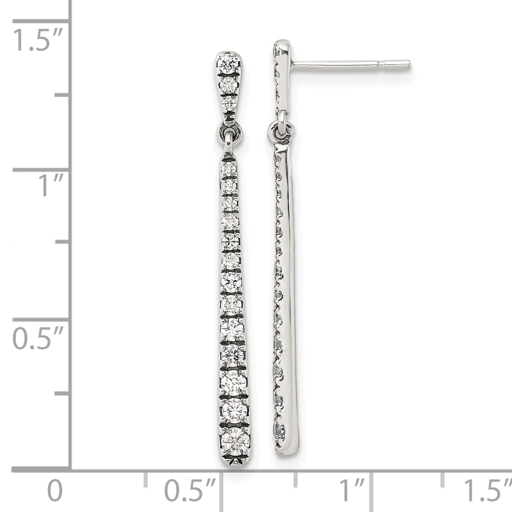Sterling Silver Polished & Antiqued Graduated CZ Post Dangle Earrings