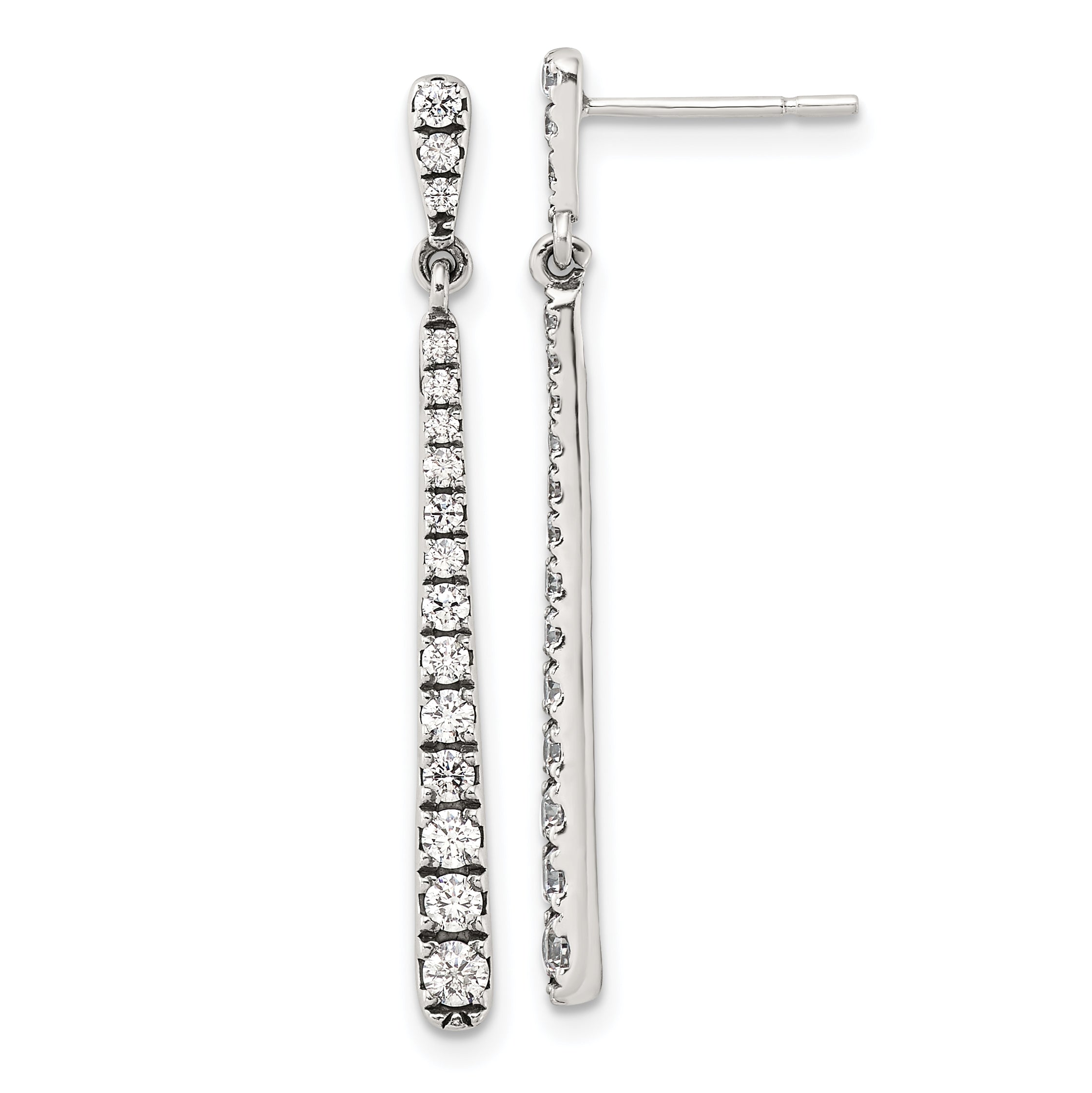 Sterling Silver Polished & Antiqued Graduated CZ Post Dangle Earrings Main image