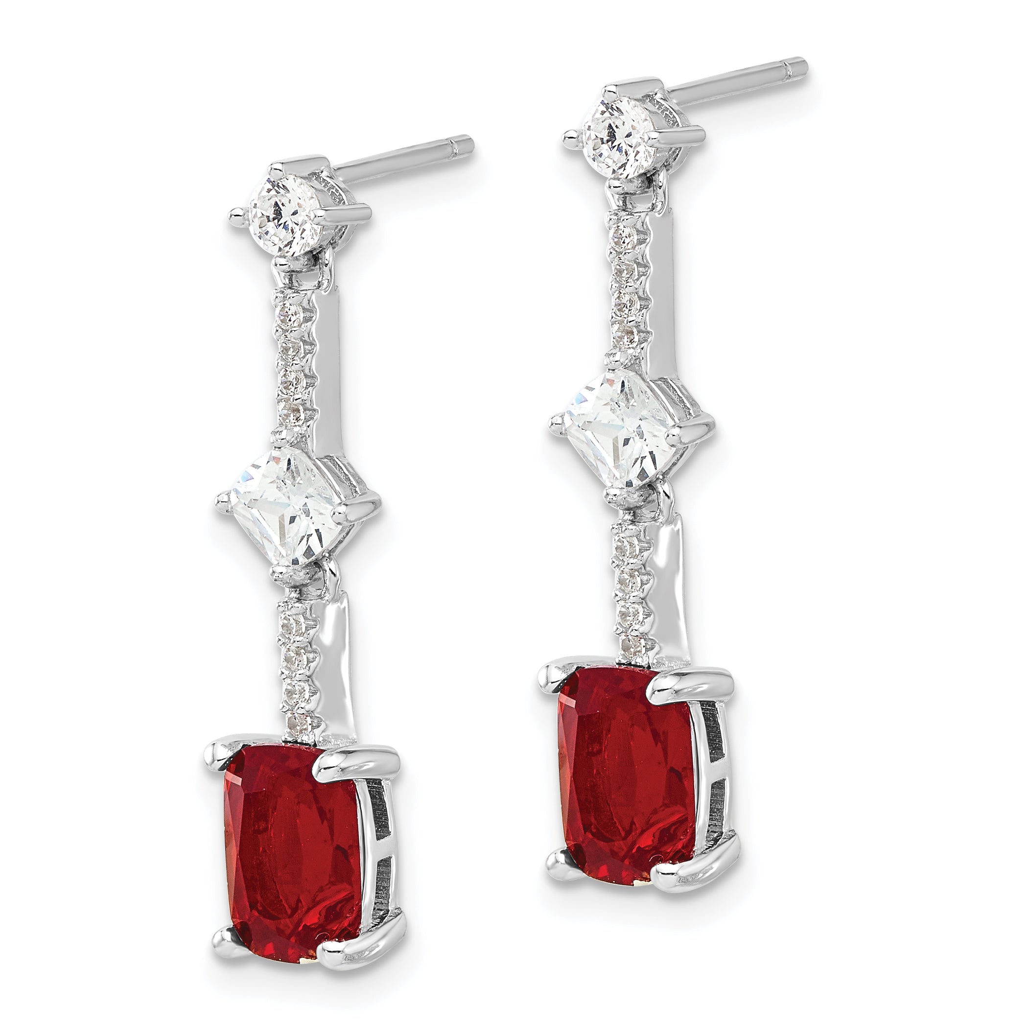 Sterling Silver Rhod-plated Fancy Red & White CZ Post Dangle Earrings
