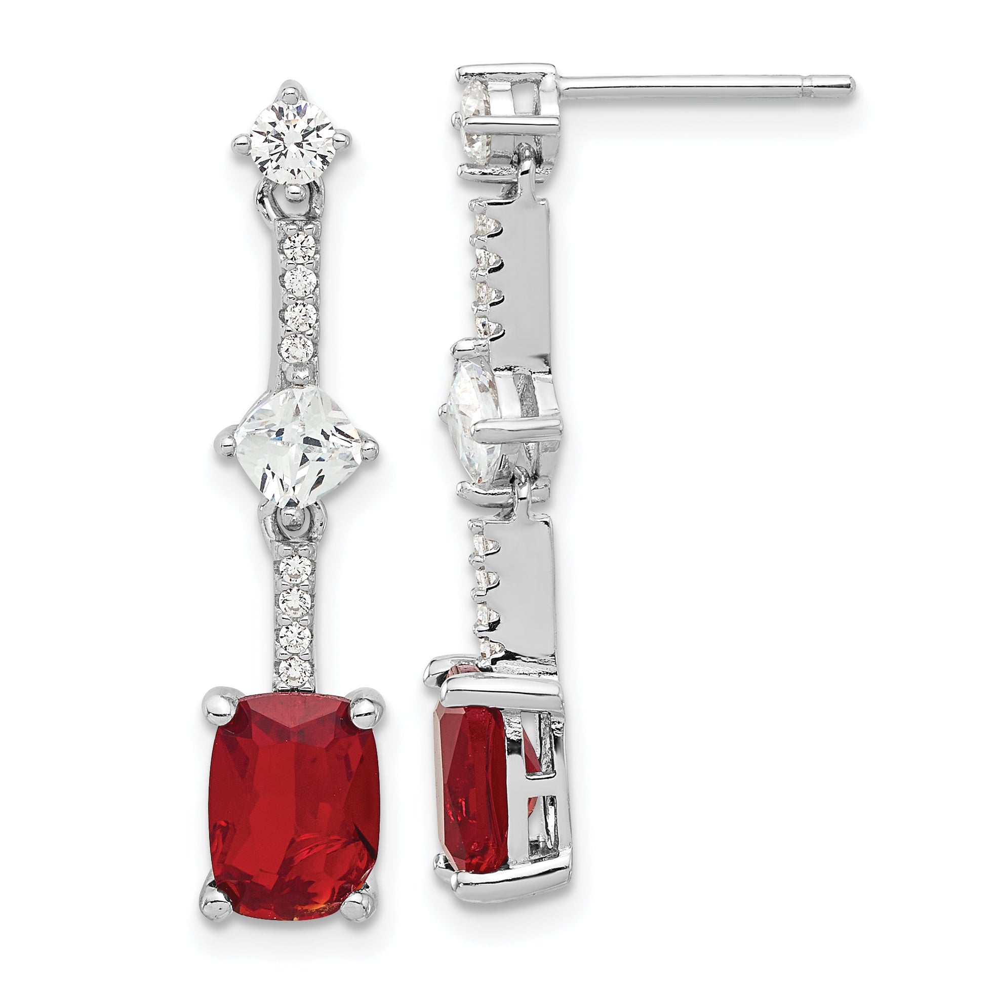 Sterling Silver Rhod-plated Fancy Red & White CZ Post Dangle Earrings Main image