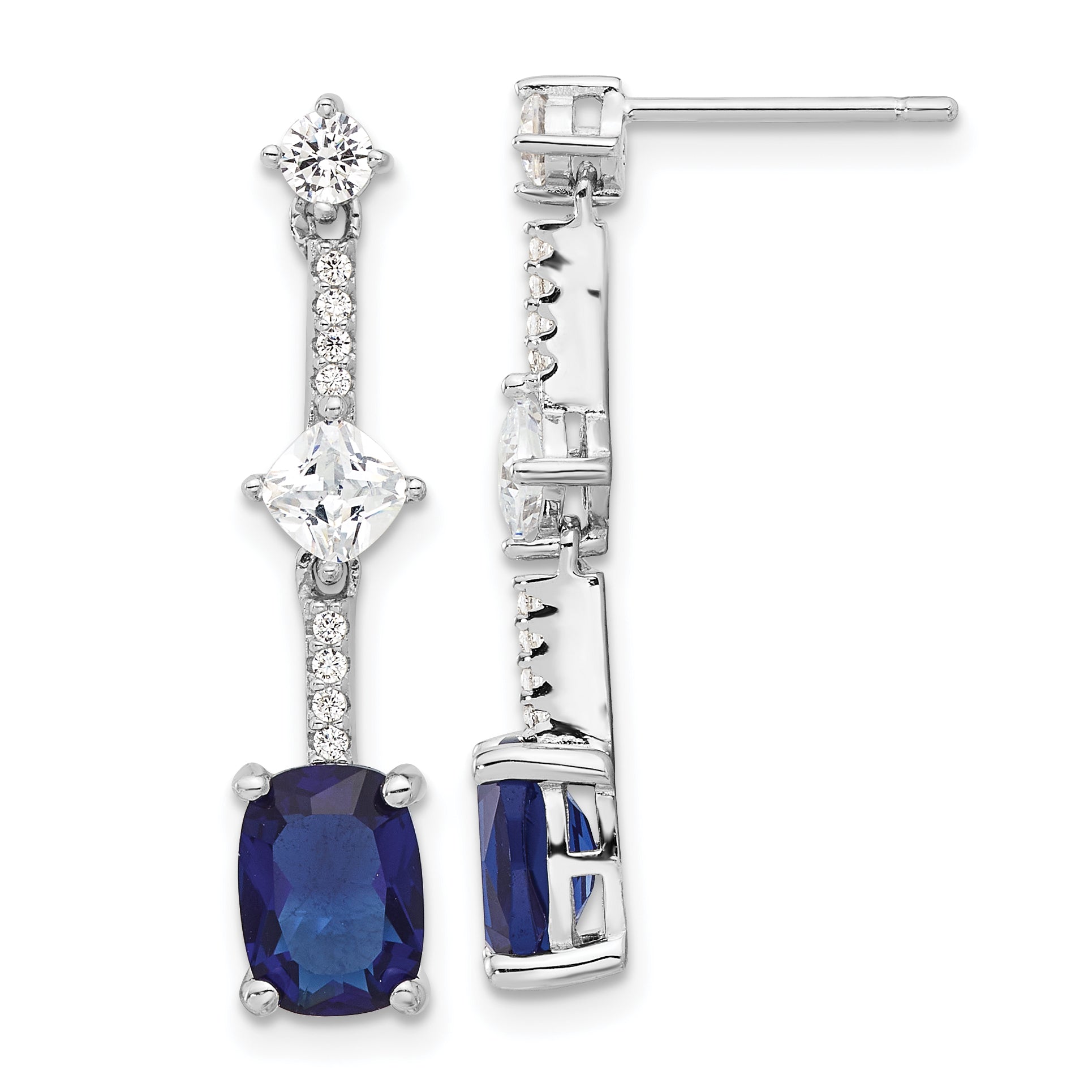 Sterling Silver RH-plated Fancy Blue & White CZ Post Dangle Earrings