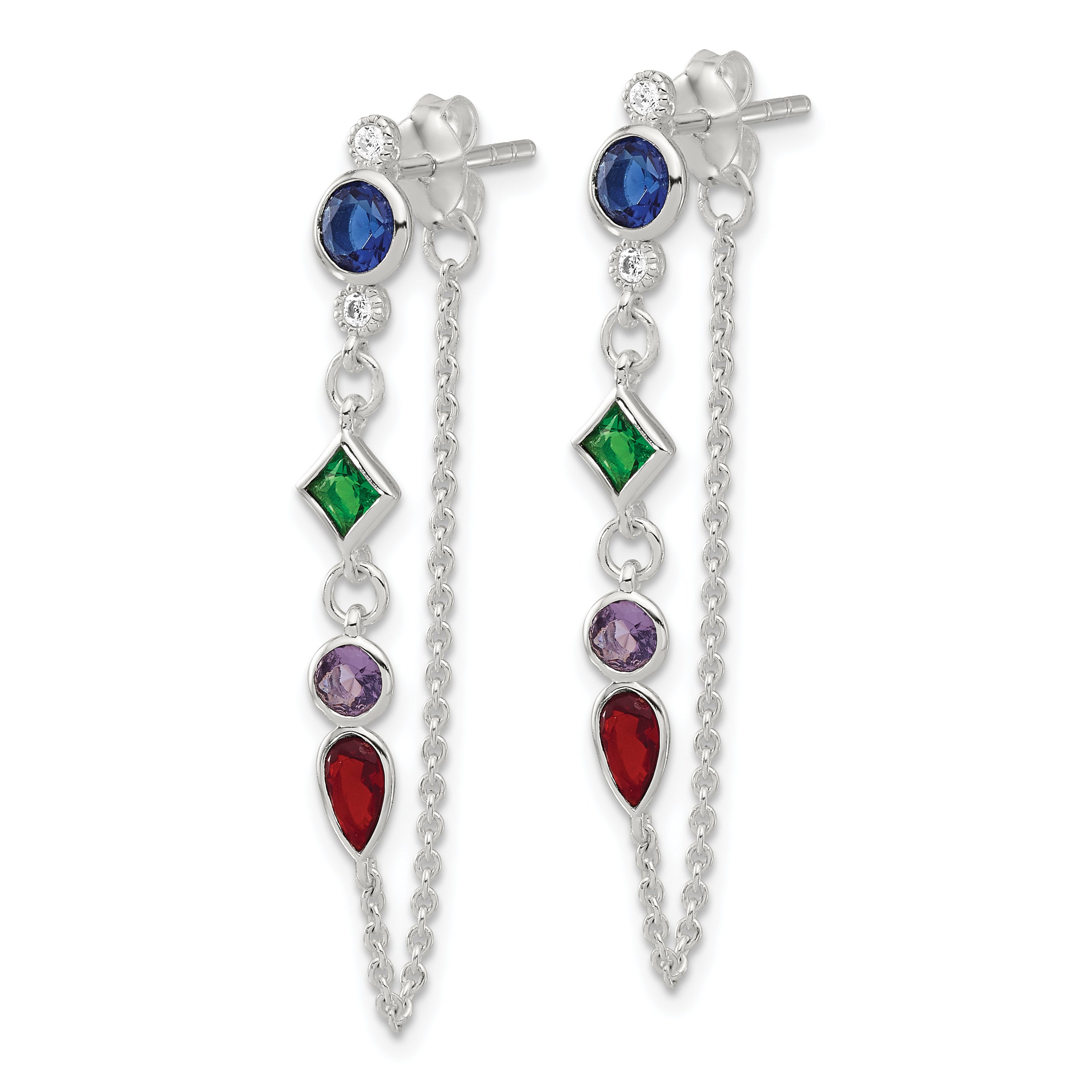 Sterling Silver E-coated Multicolor CZ Front/Back Post Dangle Earrings Secondary image