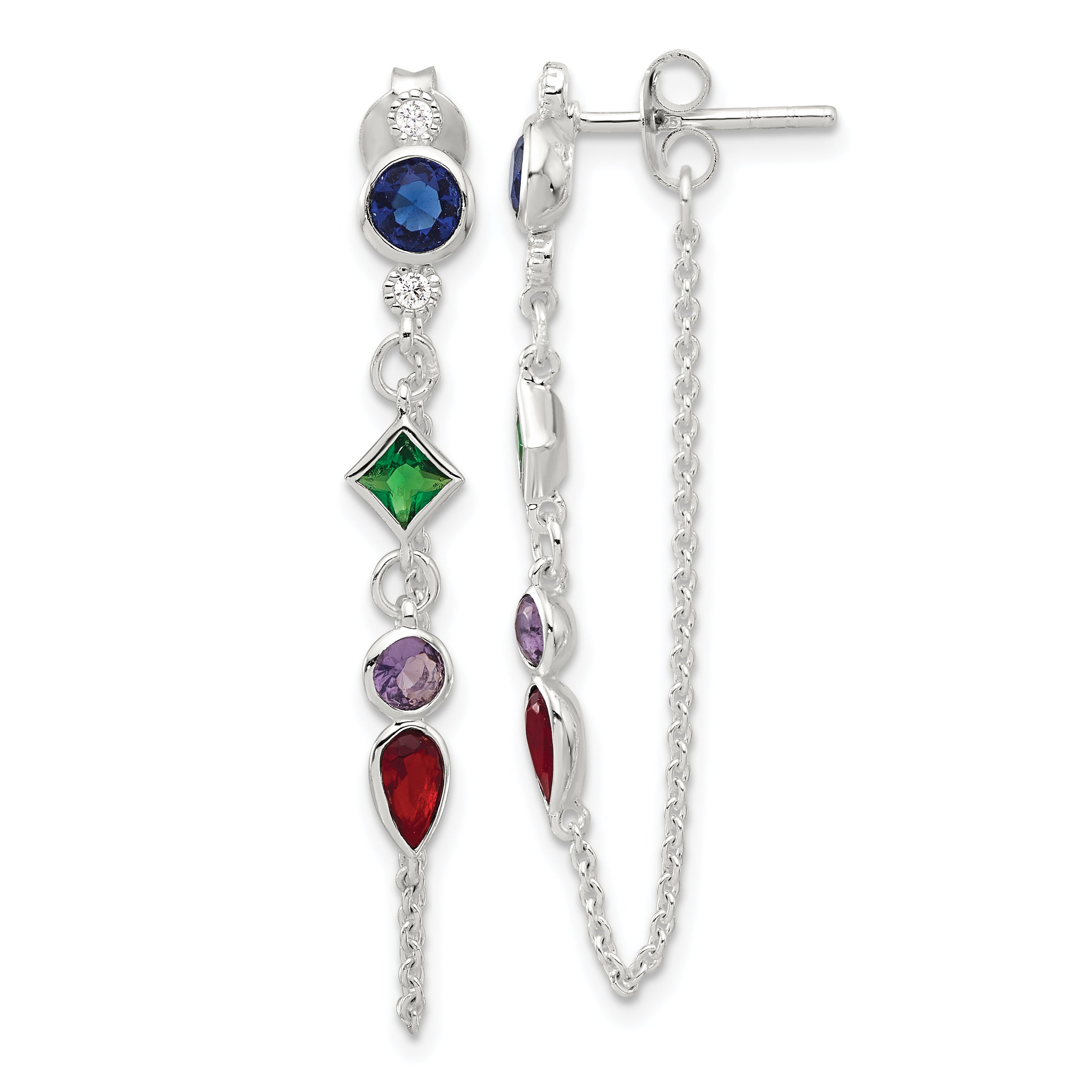 Sterling Silver E-coated Multicolor CZ Front/Back Post Dangle Earrings Main image