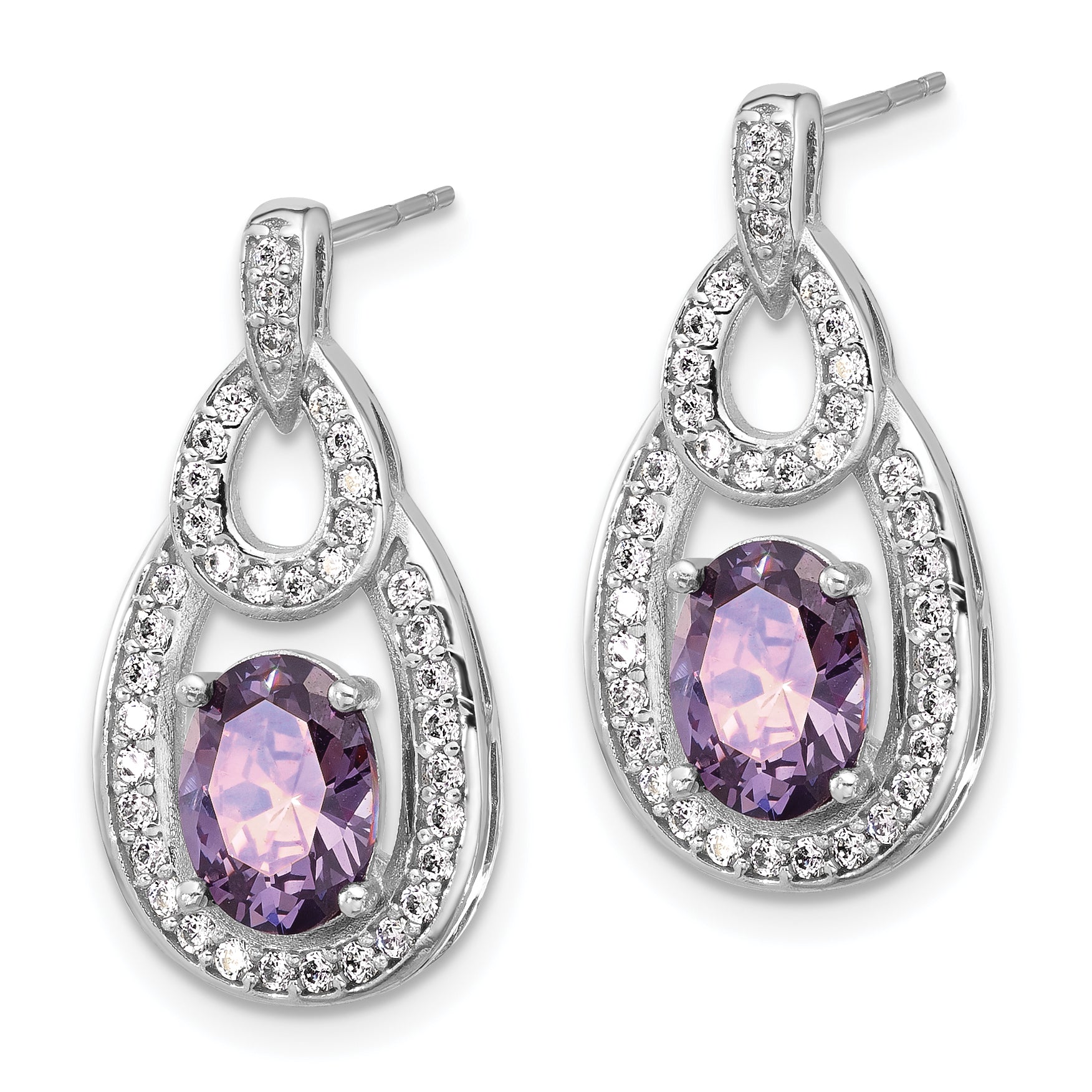Sterling Silver Rhodium-plated CZ and Purple Zircon Post Dangle