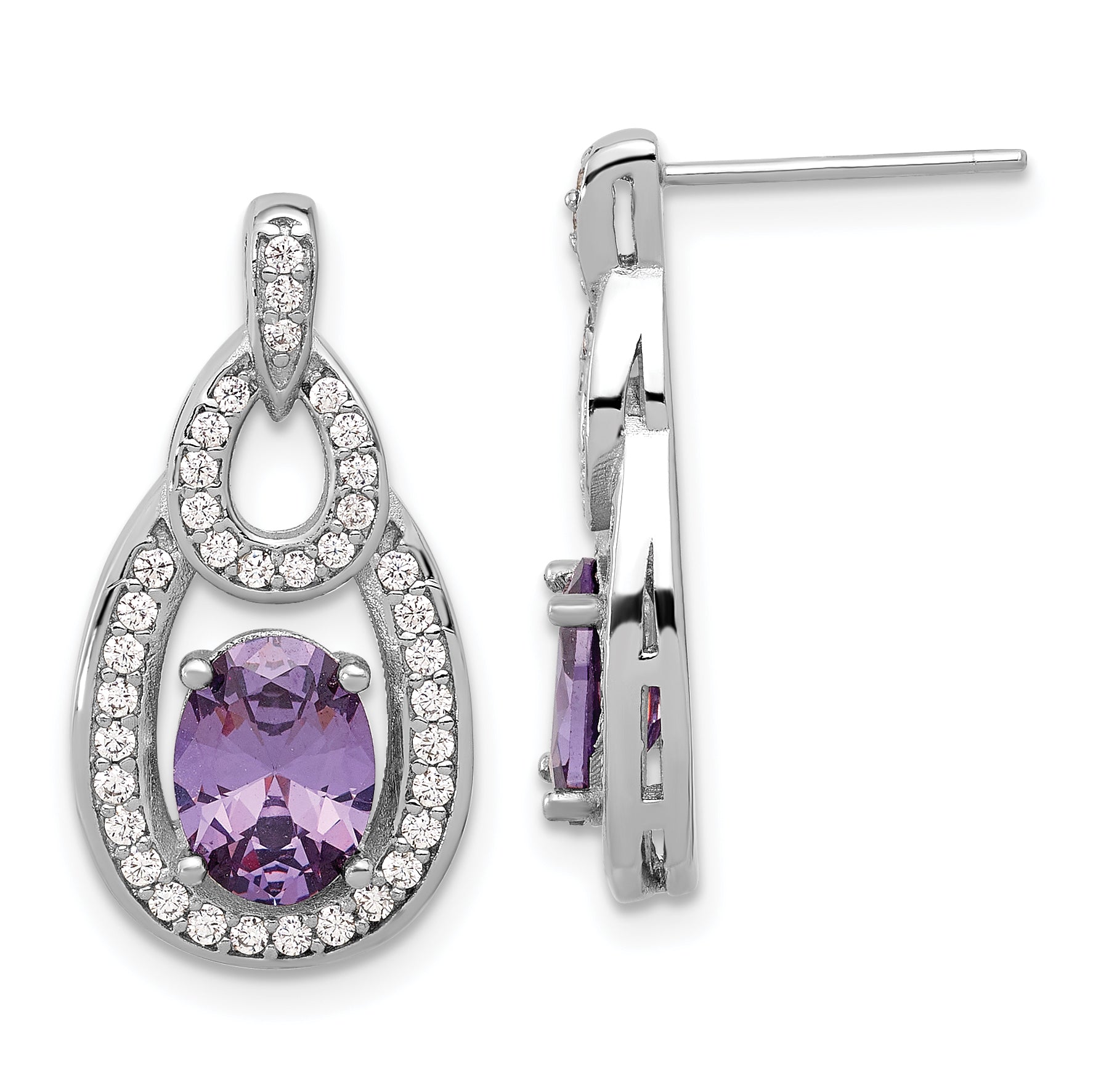 Sterling Silver Rhodium-plated CZ and Purple Zircon Post Dangle Main image