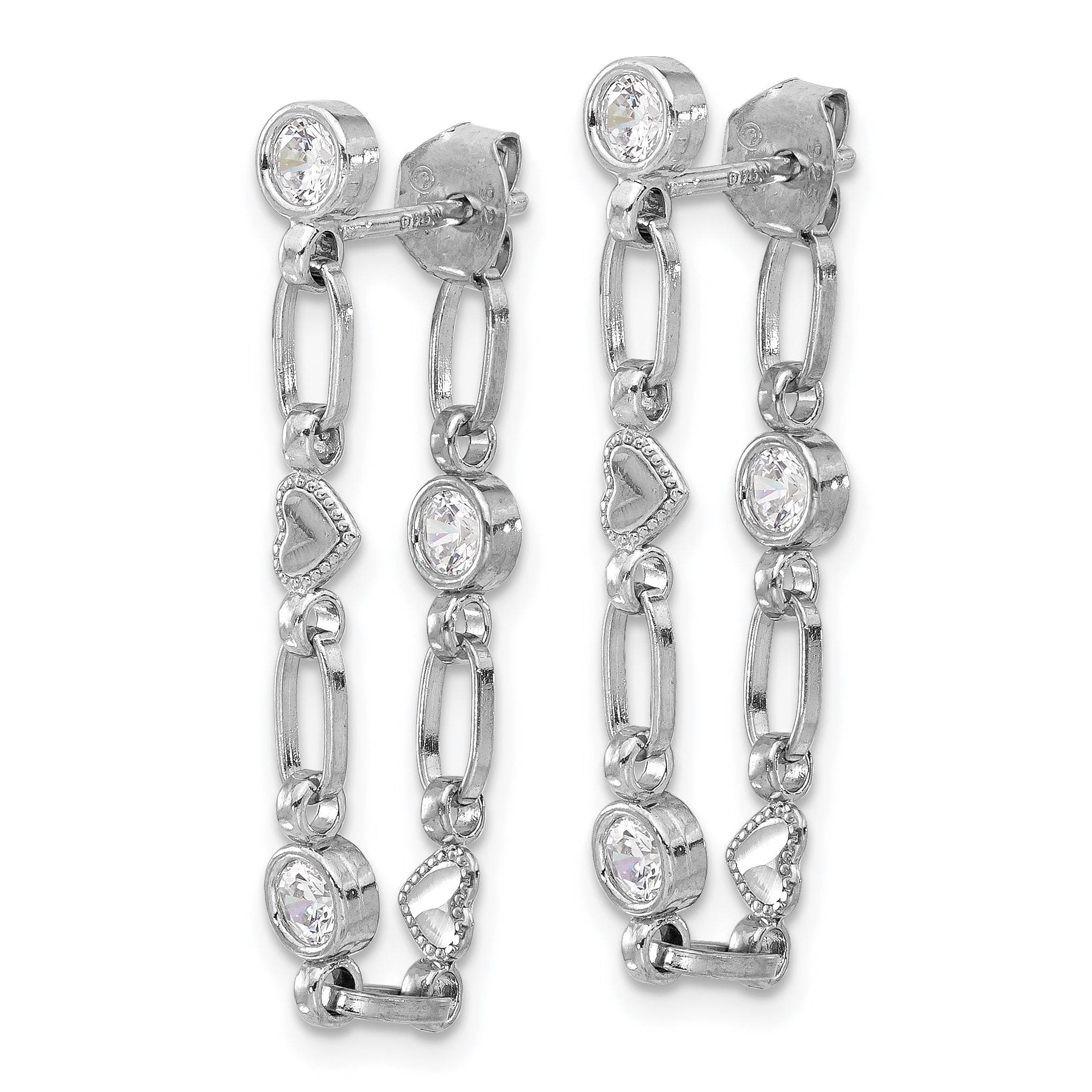 Sterling Silver Rhodium-plated Bezel CZ with Heart Post Dangle Earrings Secondary image