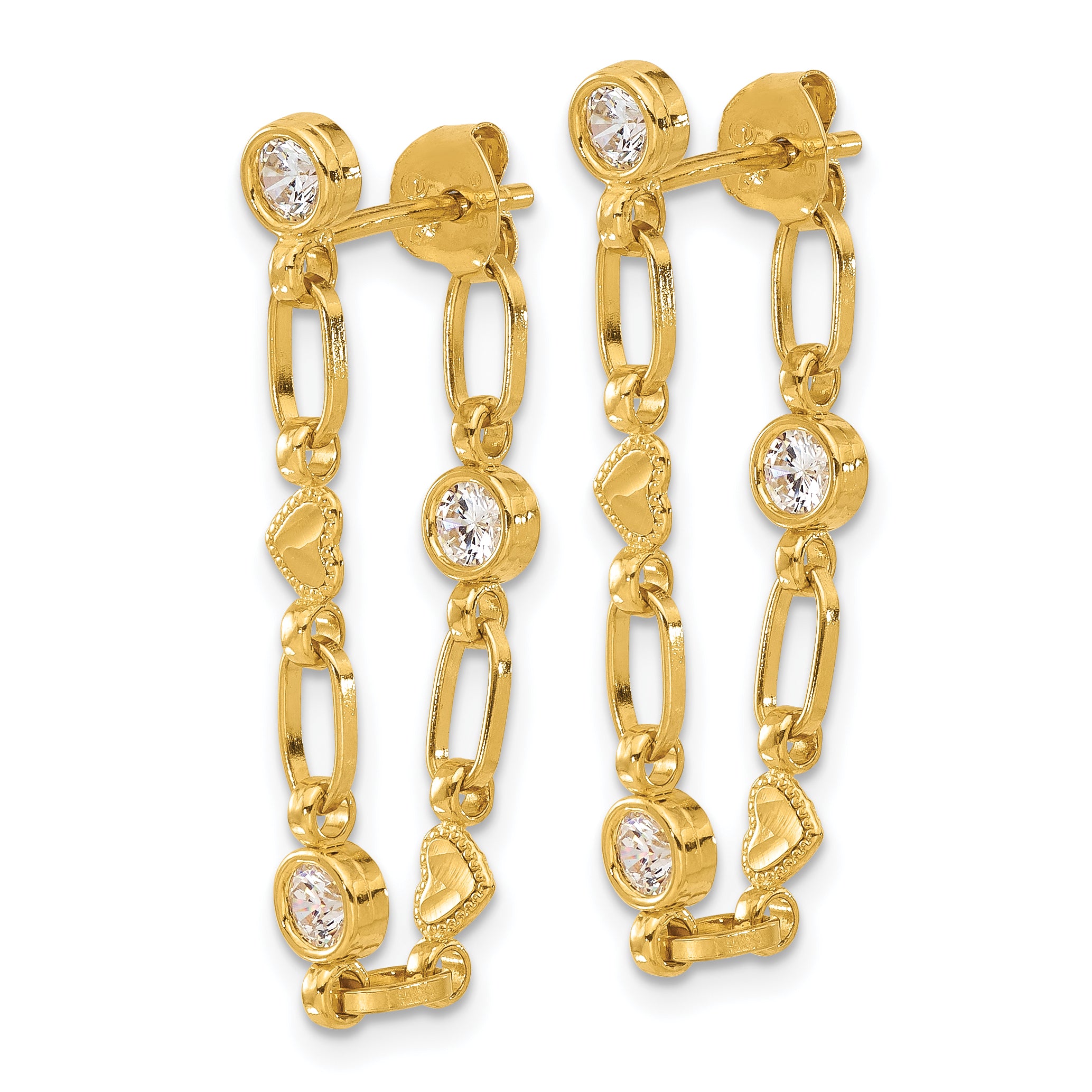 Sterling Silver Gold-tone Bezel CZ with Heart Post Dangle Earrings Secondary image