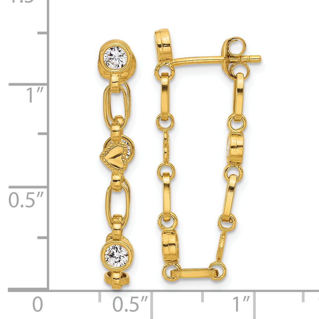 Sterling Silver Gold-tone Bezel CZ with Heart Post Dangle Earrings