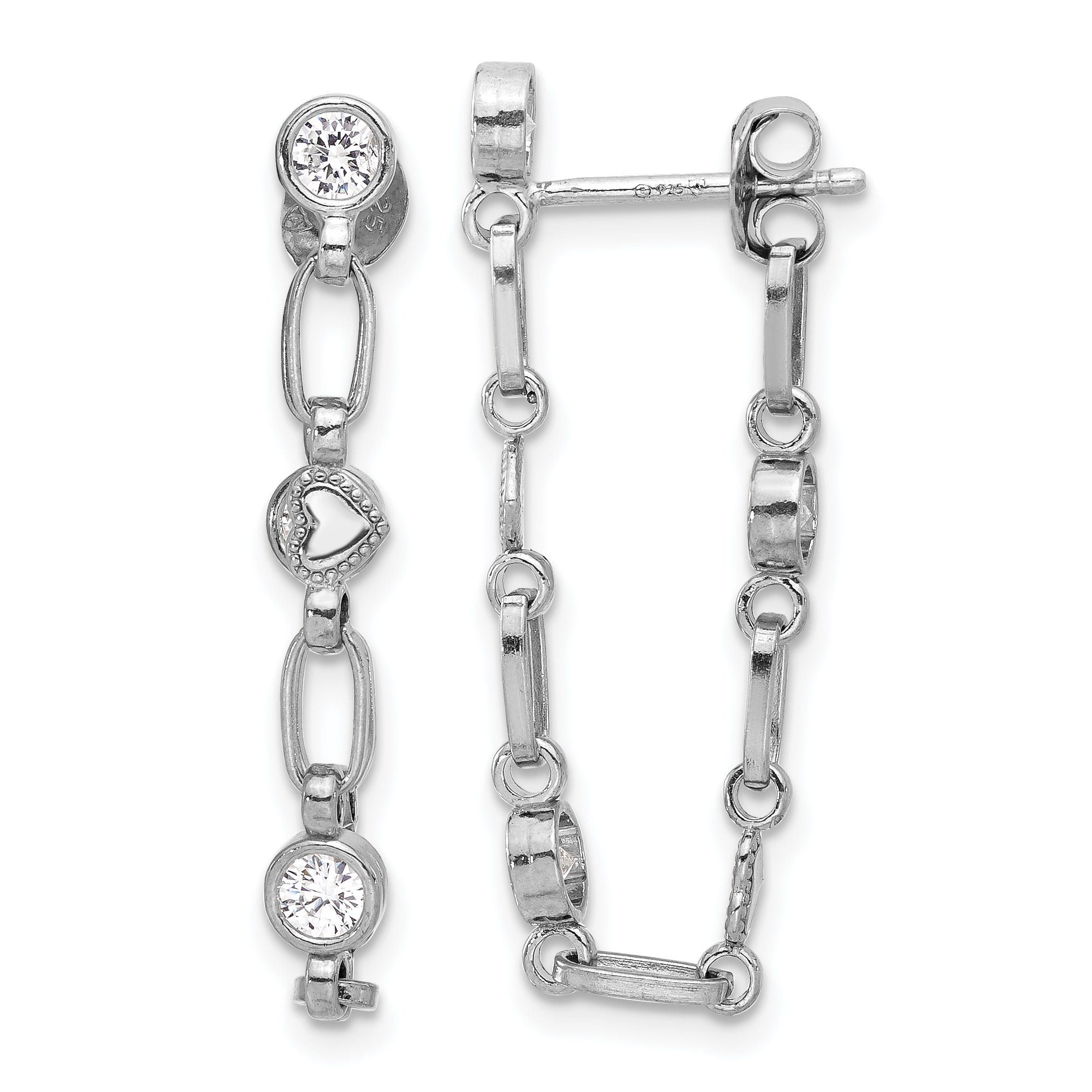 Sterling Silver Rhodium-plated Bezel CZ with Heart Post Dangle Earrings Main image