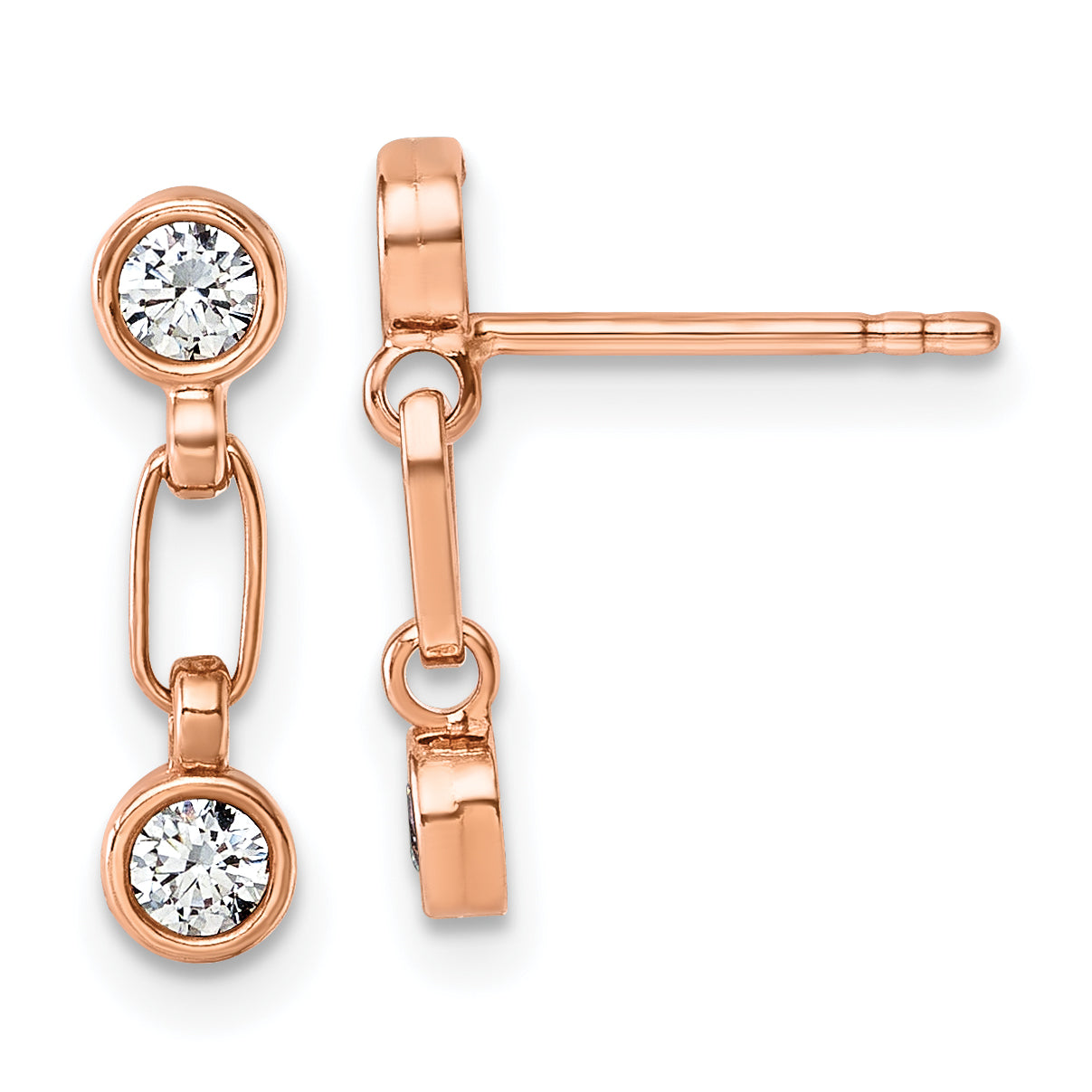 Sterling Silver Rose-tone Bezel CZ Post Dangle Earrings