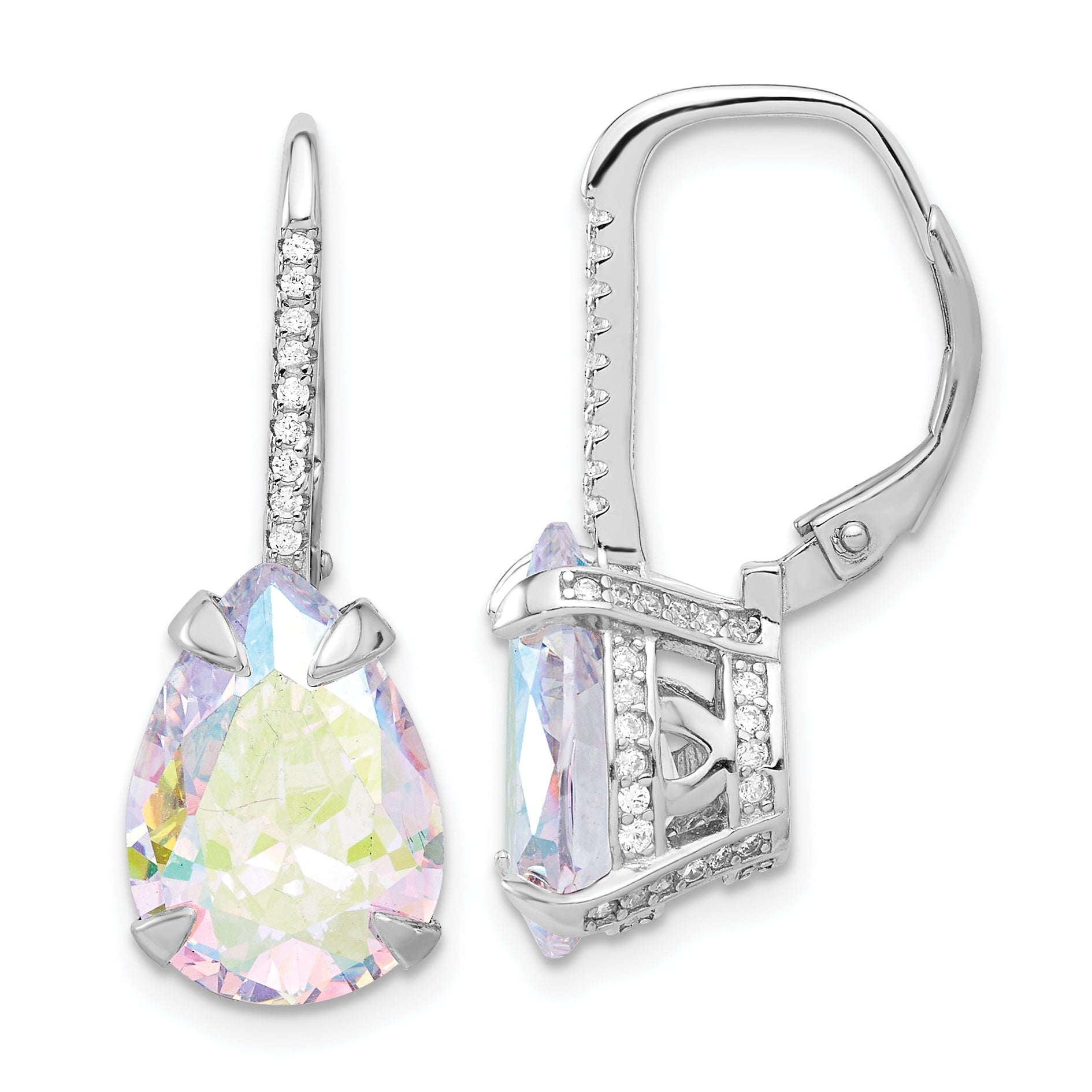 Sterling Silver Rhodium-plated Pear Iridescent CZ Leverback Earrings Main image