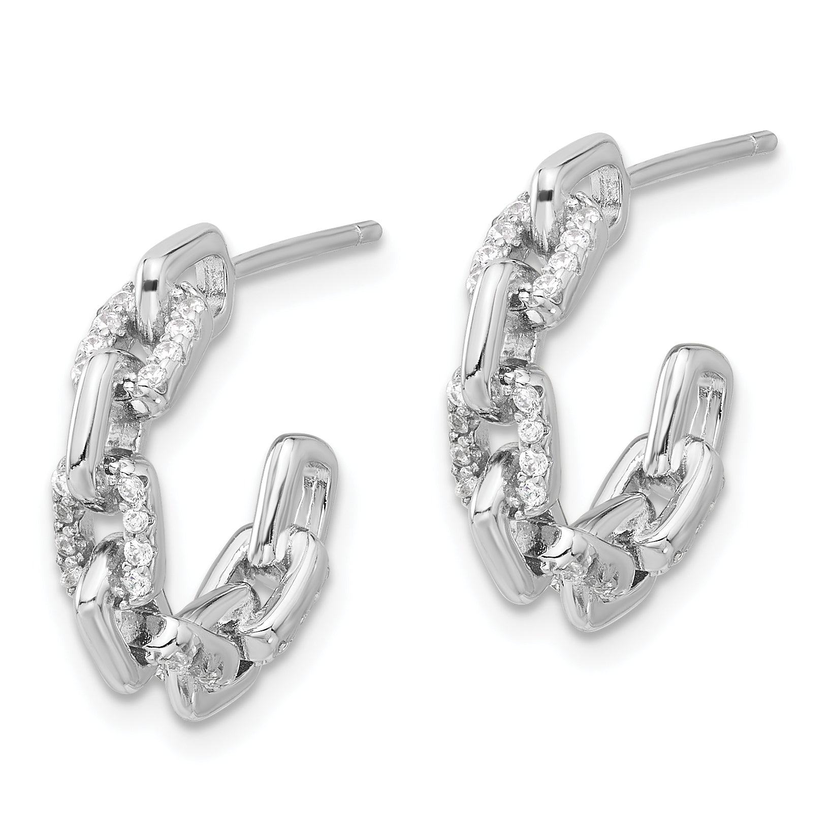 Sterling Silver Rhodium-plated with CZ Link Design Post Hoop Earrings Secondary image