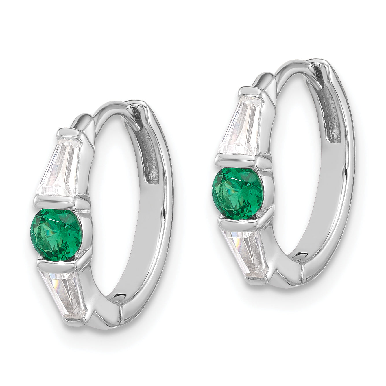 Sterling Silver Rhodium-plated Green/White CZ Hinged Hoop Earrings Secondary image