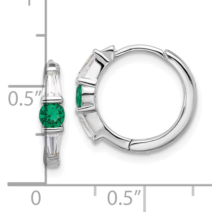 Sterling Silver Rhodium-plated Green/White CZ Hinged Hoop Earrings