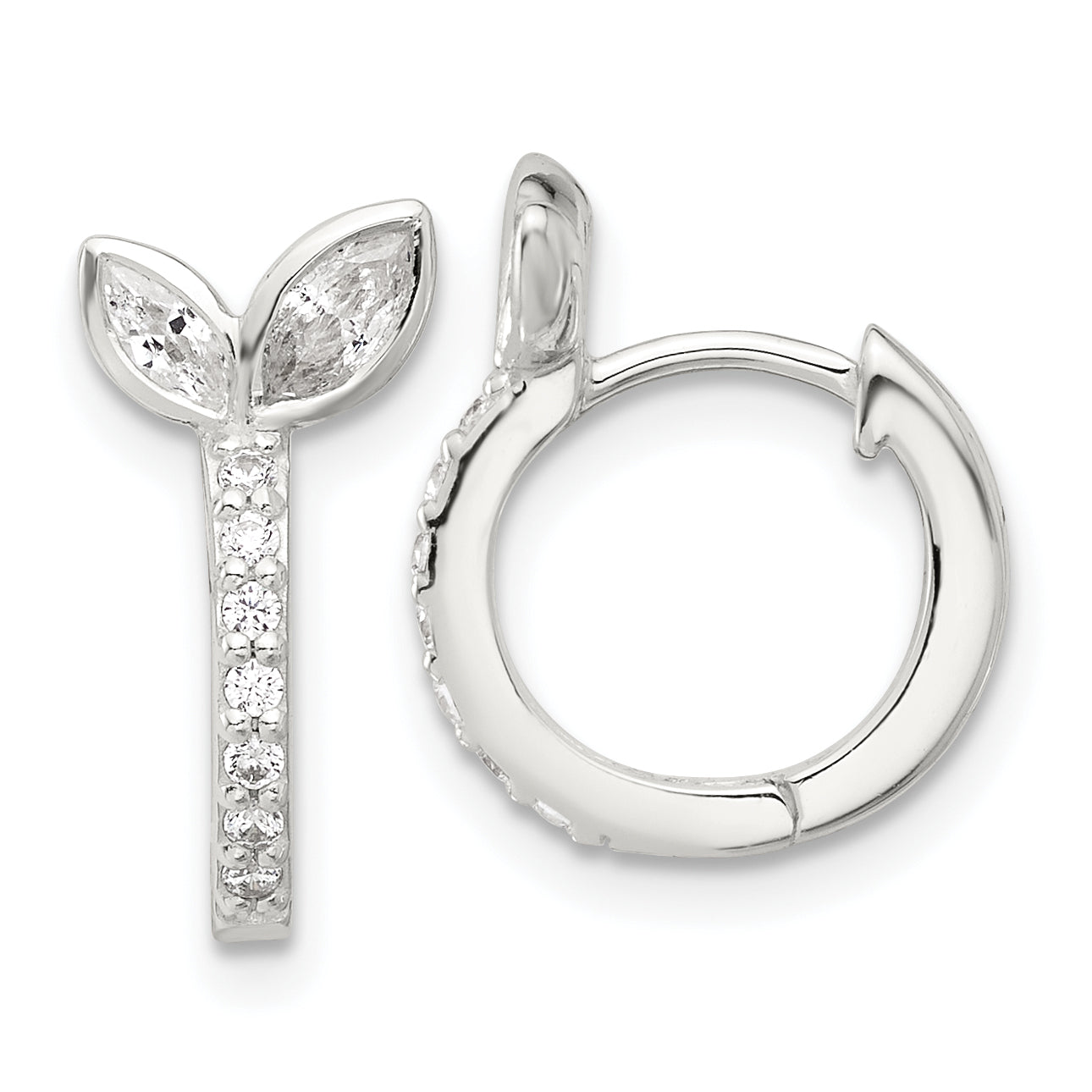 Sterling Silver E-coated CZ Leaf Hinged Hoop Earrings Main image