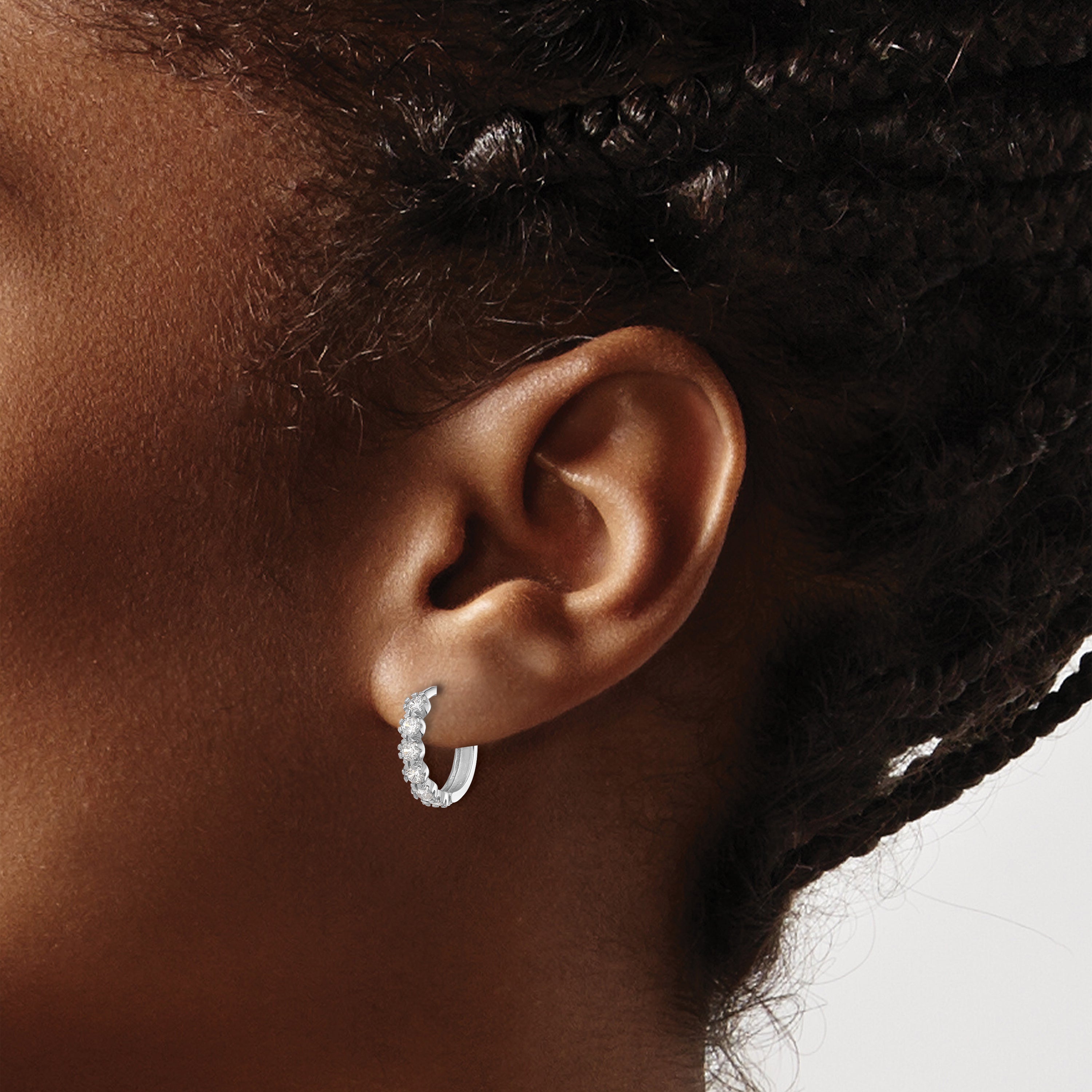 Sterling Silver Rhodium-plated Polished CZ Hinged Huggie Hoop Earrings