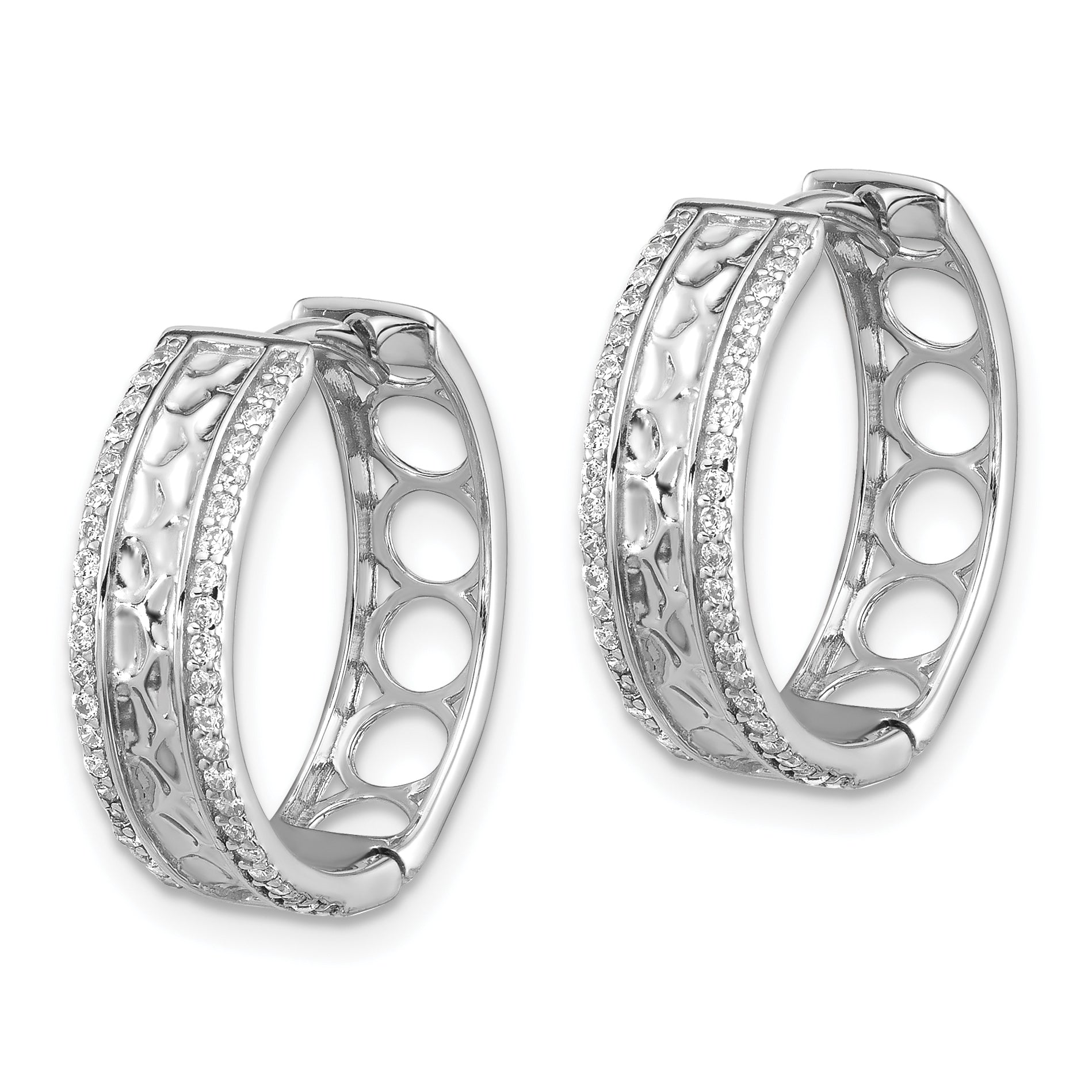 Sterling Silver Rhodium-plated Hammered Center CZ 5.5mm Hoop Earrings Secondary image