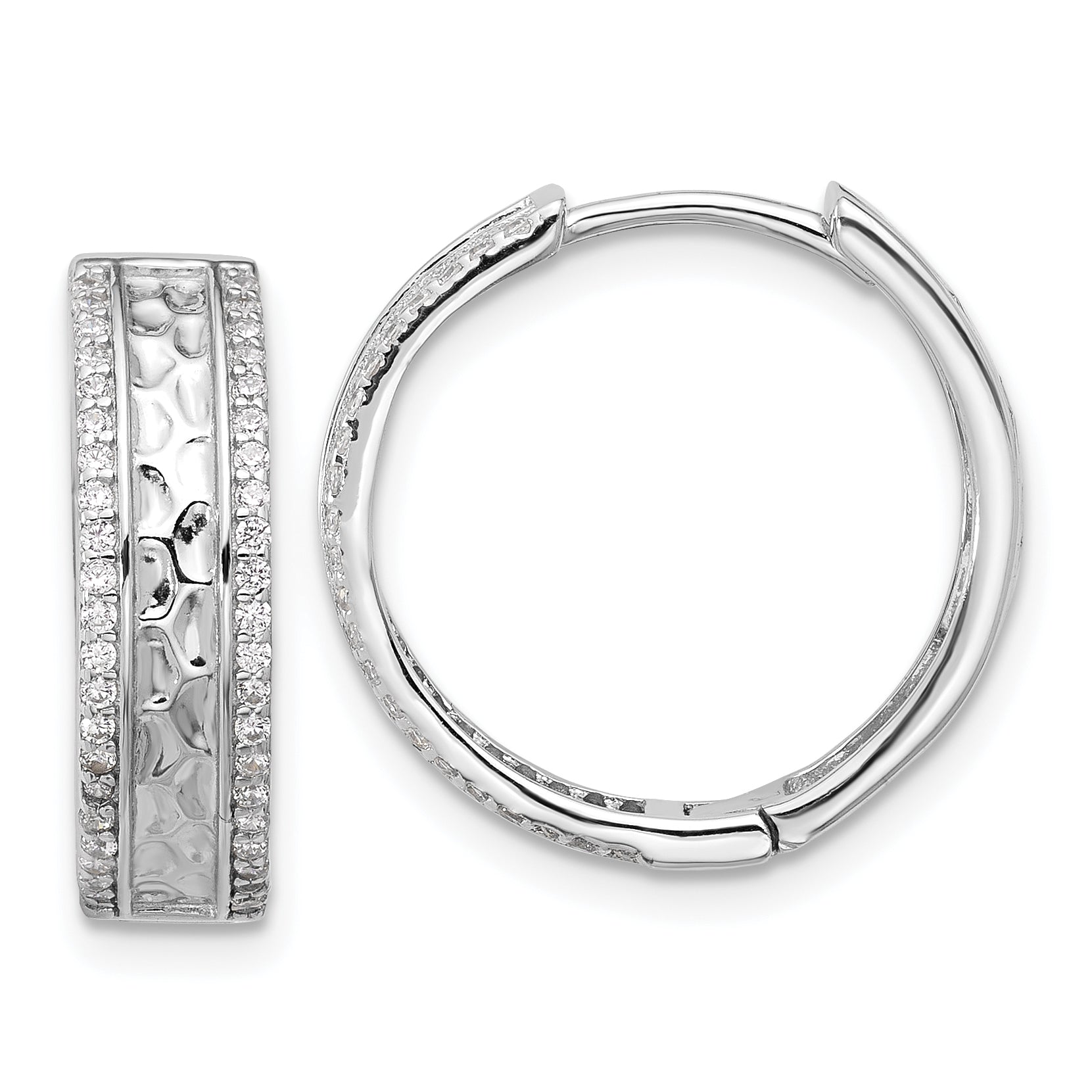 Sterling Silver Rhodium-plated Hammered Center CZ 5.5mm Hoop Earrings Main image