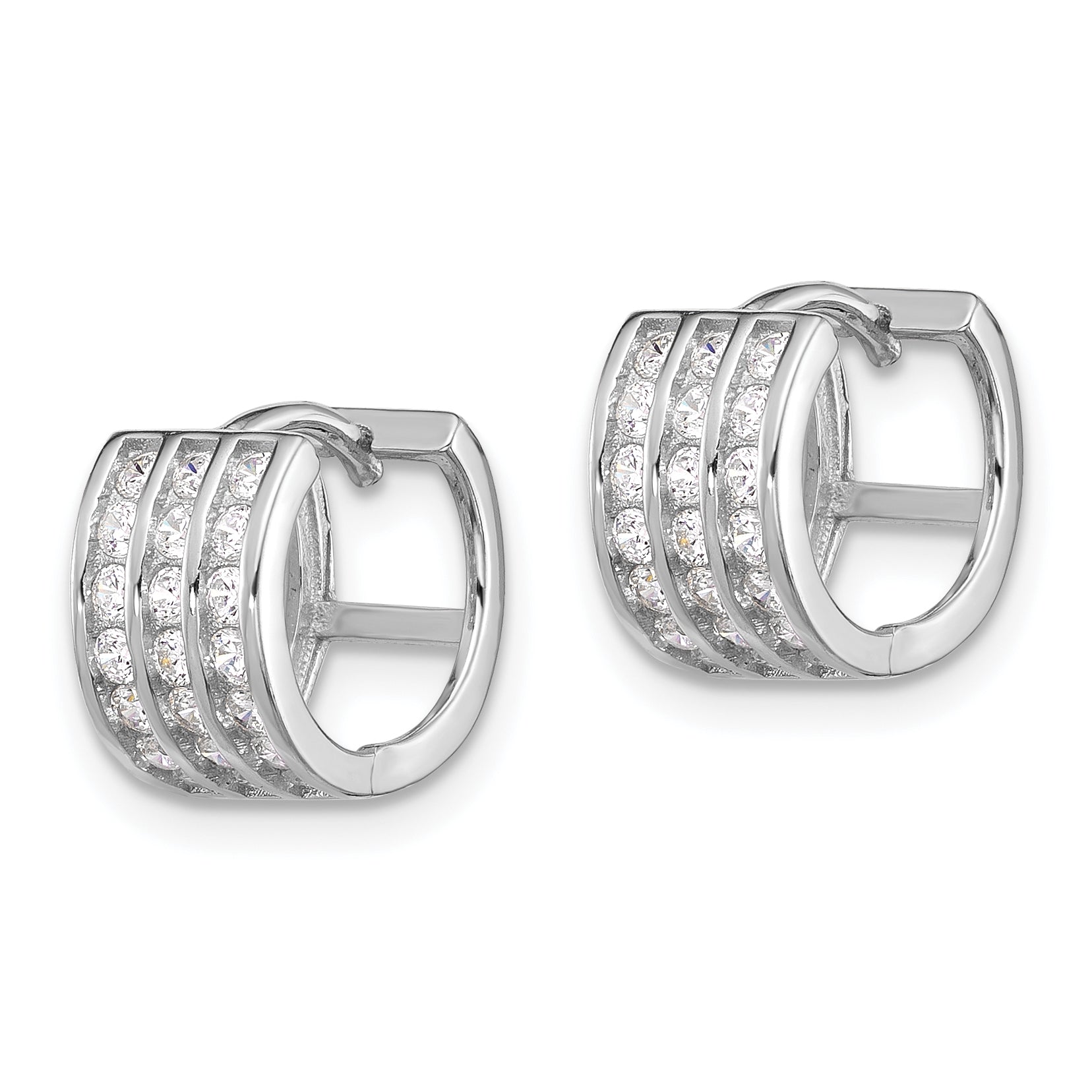 Sterling Silver Rhodium-plated 3 Row CZ Hinged Hoop Earrings Secondary image