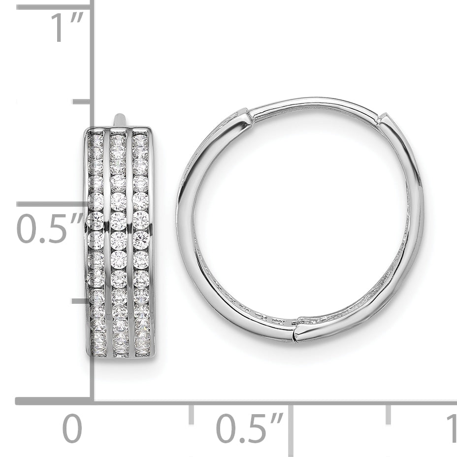 Sterling Silver Rhodium-plated 3 Row CZ Hinged Hoop Earrings