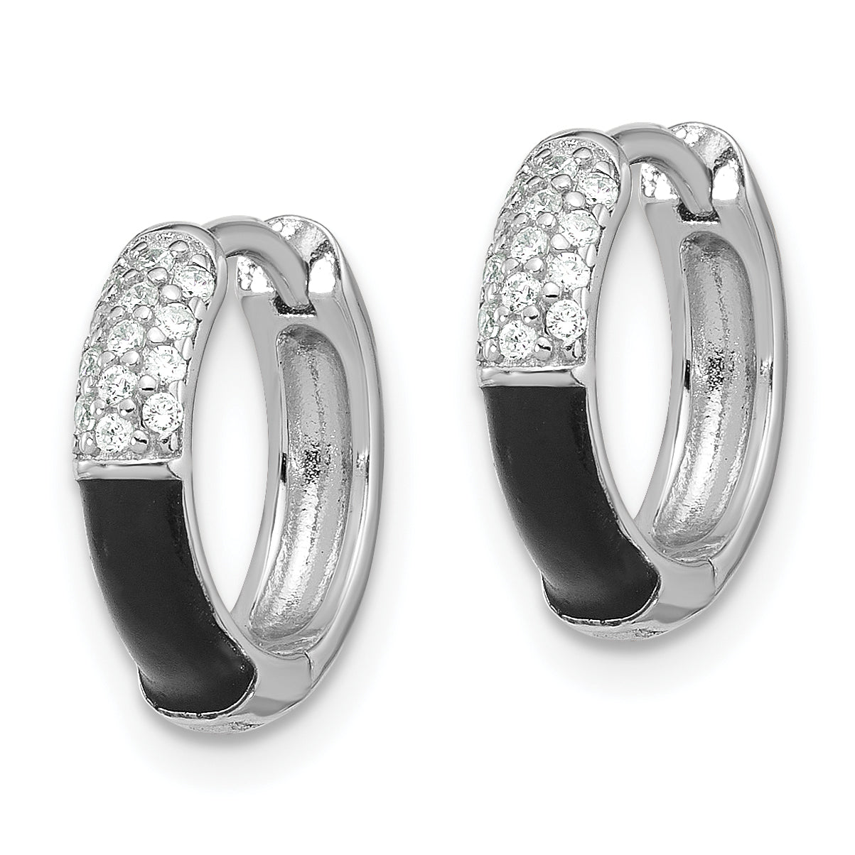 Sterling Silver Flash Platinum-plated CZ Black Enamel Hoop Earrings Secondary image