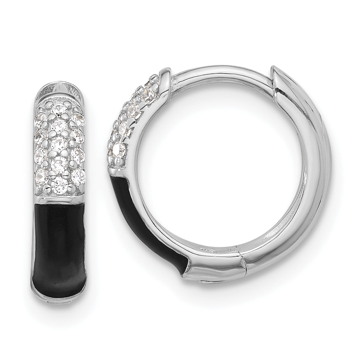 Sterling Silver Flash Platinum-plated CZ Black Enamel Hoop Earrings Main image