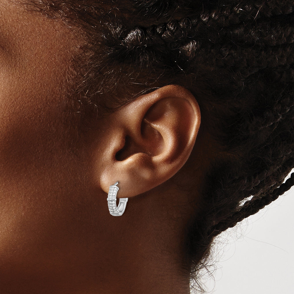 Sterling Silver Rhodium-plated 4mm CZ Hinged Huggie Hoop Earrings