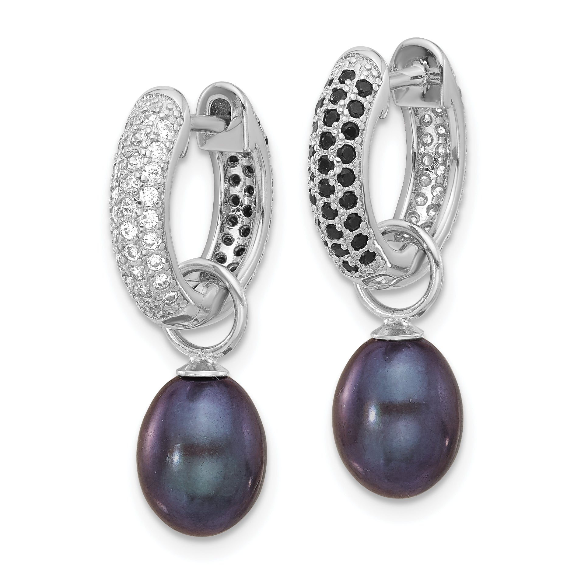 Sterling Silver Rhodium-plated 7-8mm Black and White Rice Freshwater Cultured Pearl and CZ Interchangeable Post Earrings Set