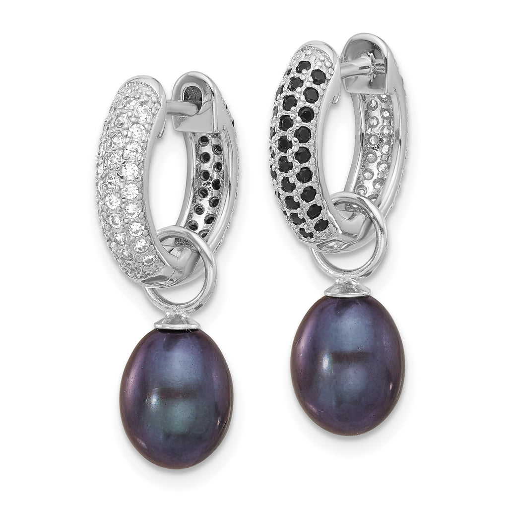 Sterling Silver Rhodium-plated 7-8mm Black and White Rice Freshwater Cultured Pearl and CZ Interchangeable Post Earrings Set