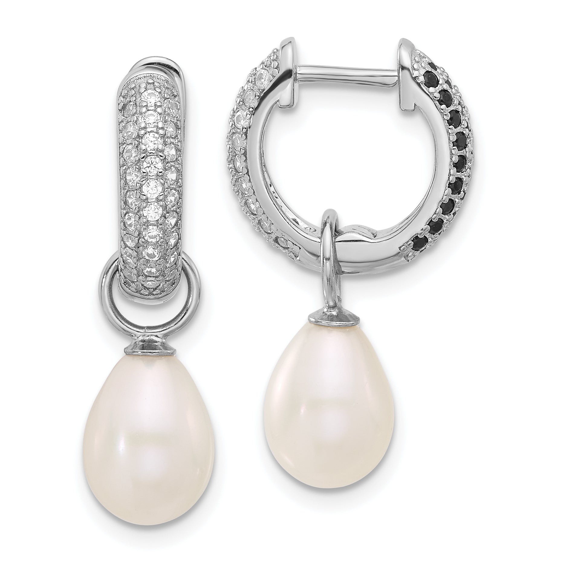 Sterling Silver Rhodium-plated 7-8mm Black and White Rice Freshwater Cultured Pearl and CZ Interchangeable Post Earrings Set