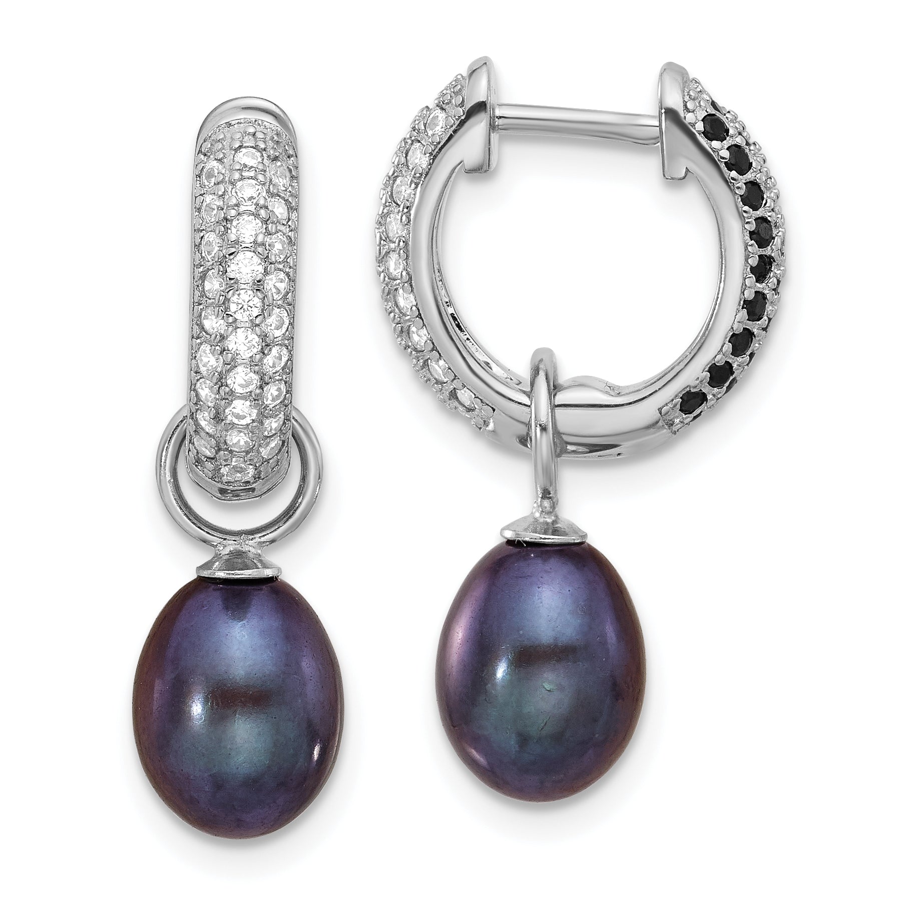 Sterling Silver Rhodium-plated 7-8mm Black and White Rice Freshwater Cultured Pearl and CZ Interchangeable Post Earrings Set