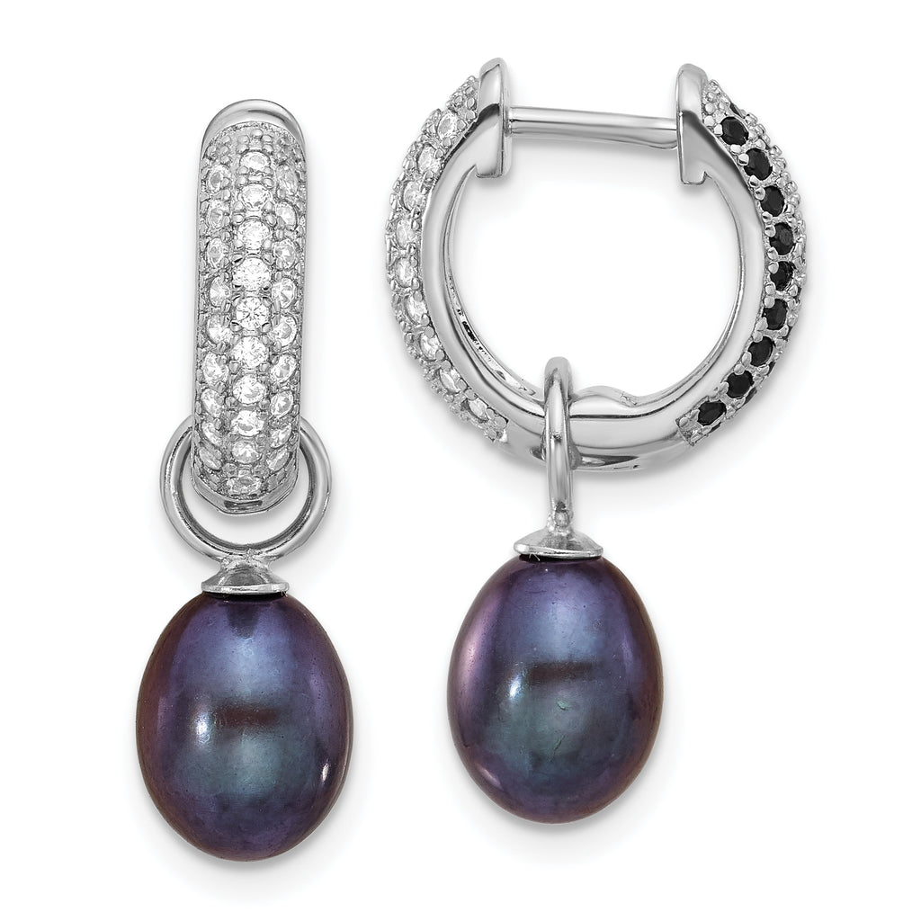 Sterling Silver Rhodium-plated 7-8mm Black and White Rice Freshwater Cultured Pearl and CZ Interchangeable Post Earrings Set