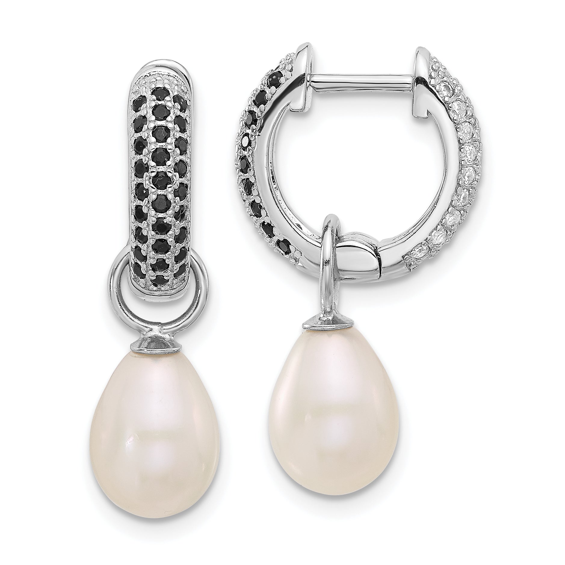 Sterling Silver Rhodium-plated 7-8mm Black and White Rice Freshwater Cultured Pearl and CZ Interchangeable Post Earrings Set