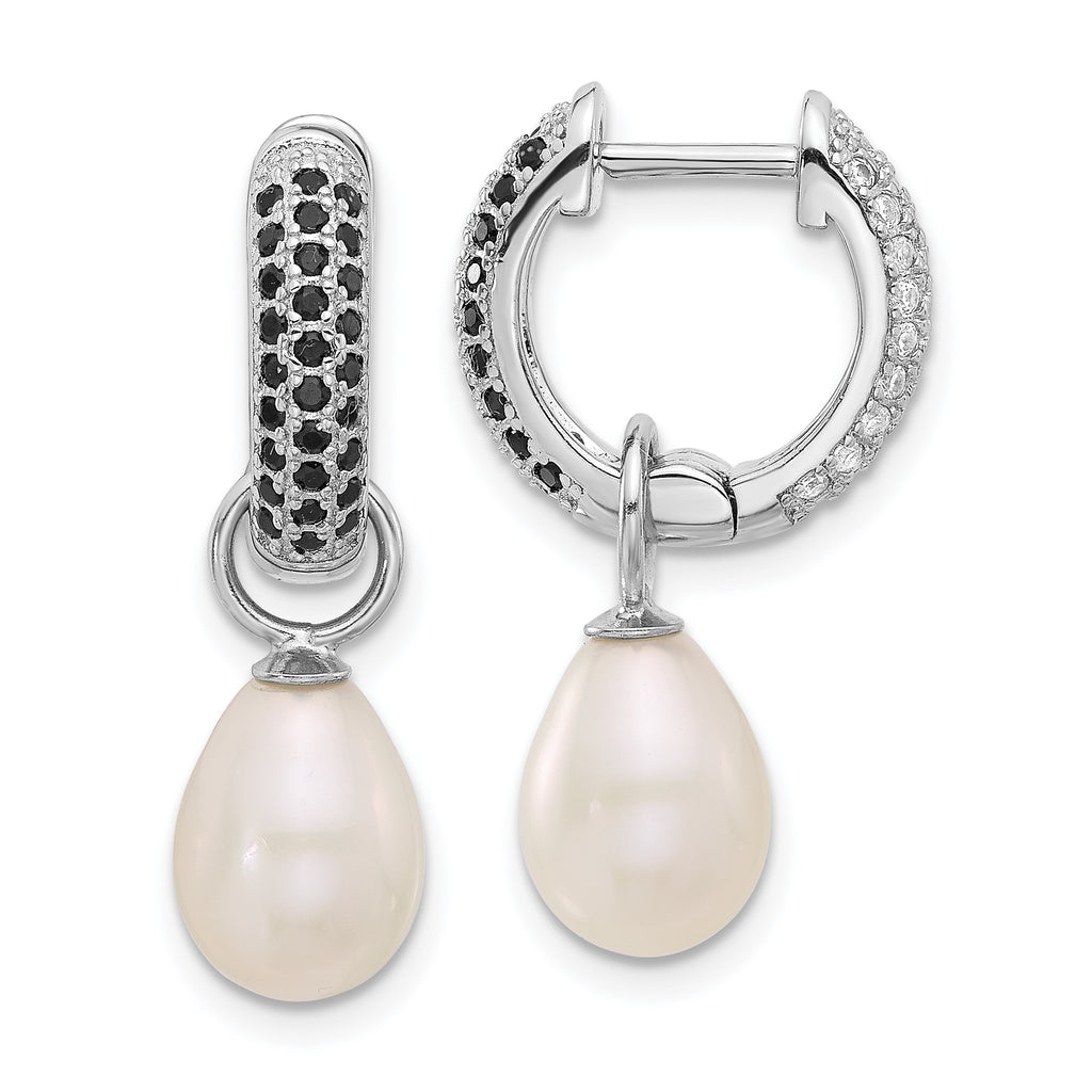 Sterling Silver Rhodium-plated 7-8mm Black and White Rice Freshwater Cultured Pearl and CZ Interchangeable Post Earrings Set