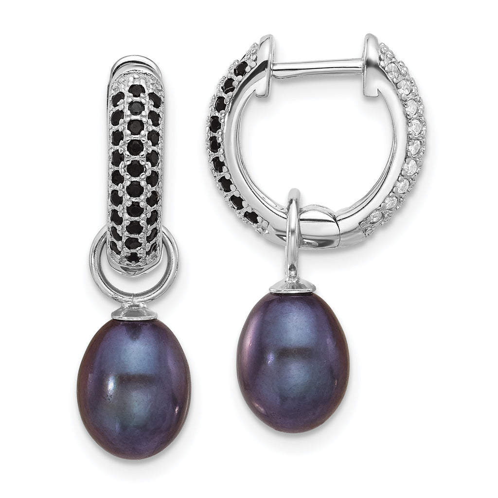 Sterling Silver Rhodium-plated 7-8mm Black and White Rice Freshwater Cultured Pearl and CZ Interchangeable Post Earrings Set