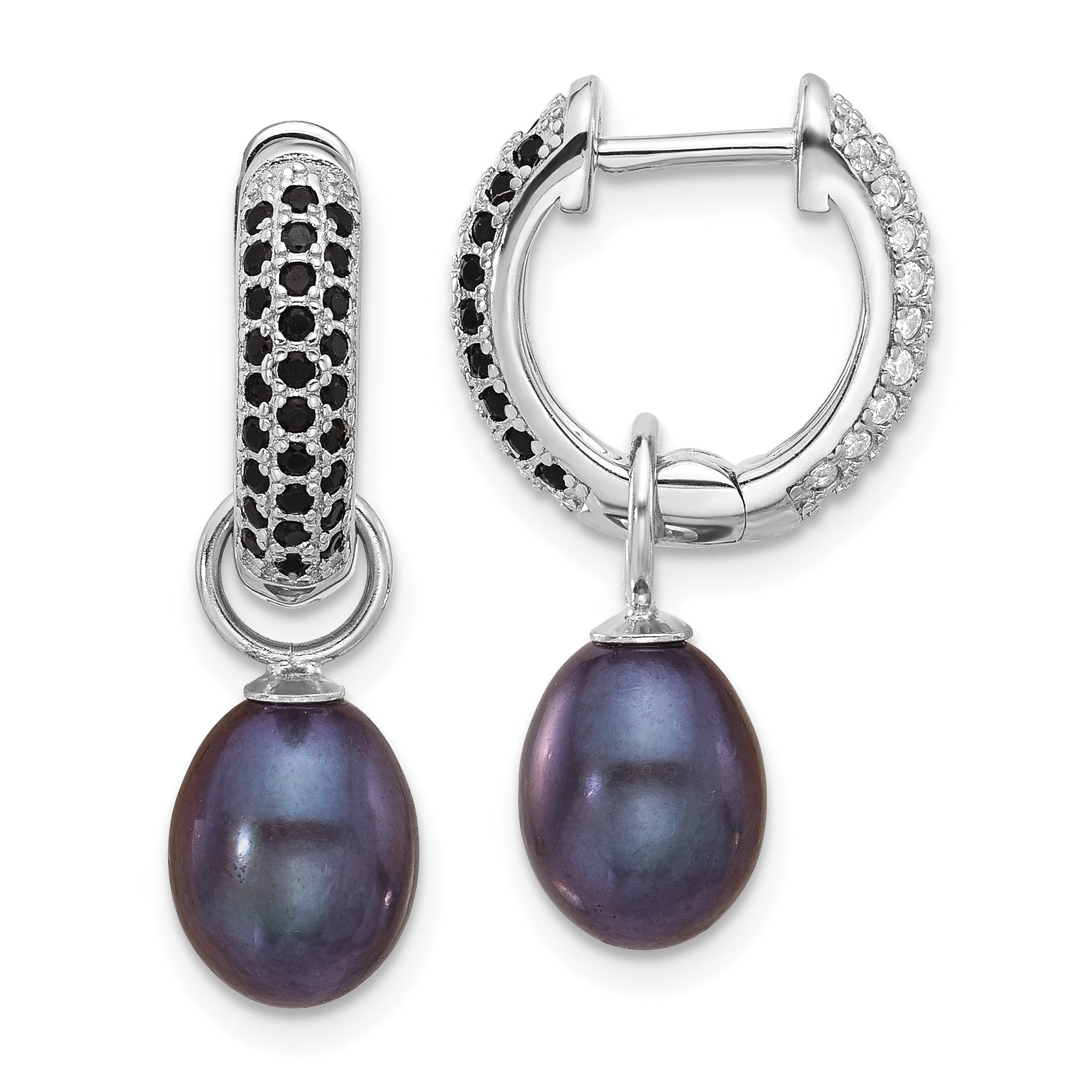Sterling Silver Rhodium-plated 7-8mm Black and White Rice Freshwater Cultured Pearl and CZ Interchangeable Post Earrings Set