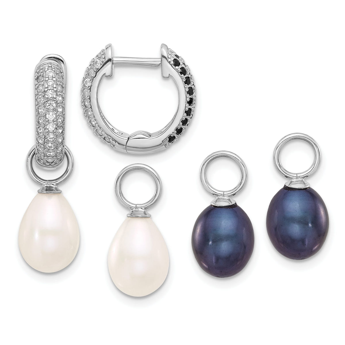 Freshwater Pearl & Cubic Zirconia Set Stud Earrings in Sterling Silver, 14x26mm - Sophia Jewelers Main image