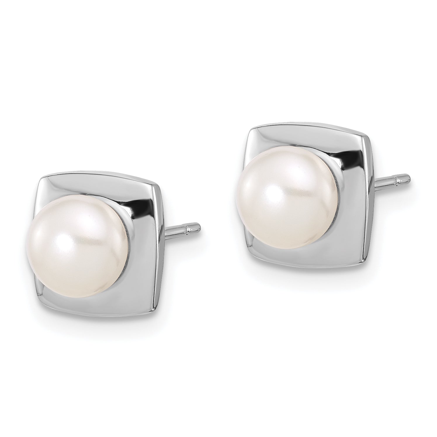 Sterling Silver Rhodium-plated 6-7mm White Button Freshwater Cultured Pearl Square Post Earrings Secondary image