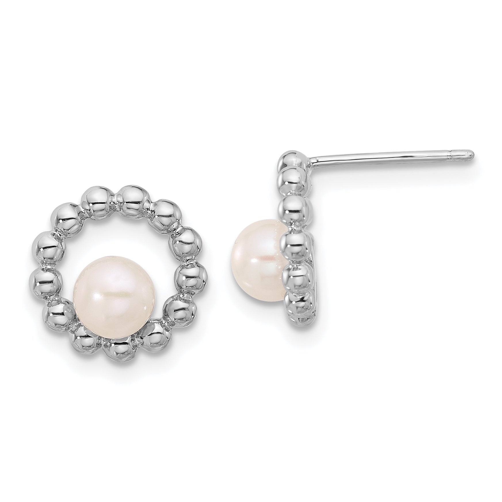 Sterling Silver Rhodium-plated 5-6mm White Button Freshwater Cultured Pearl Circle Post Earrings