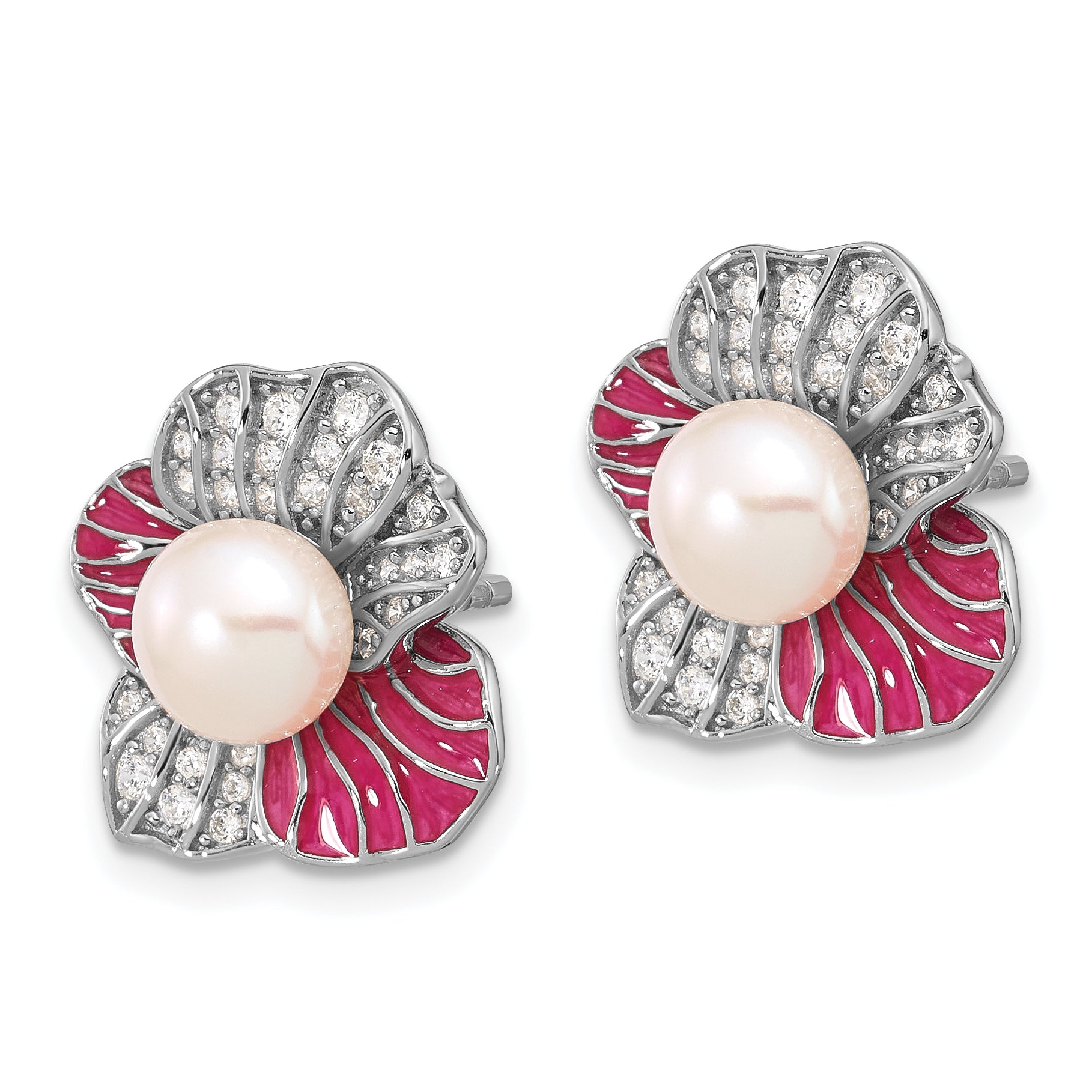 Sterling Silver RH-plated Pink Enamel 6-7mm FWC Pearl/CZ Flower Earrings Secondary image