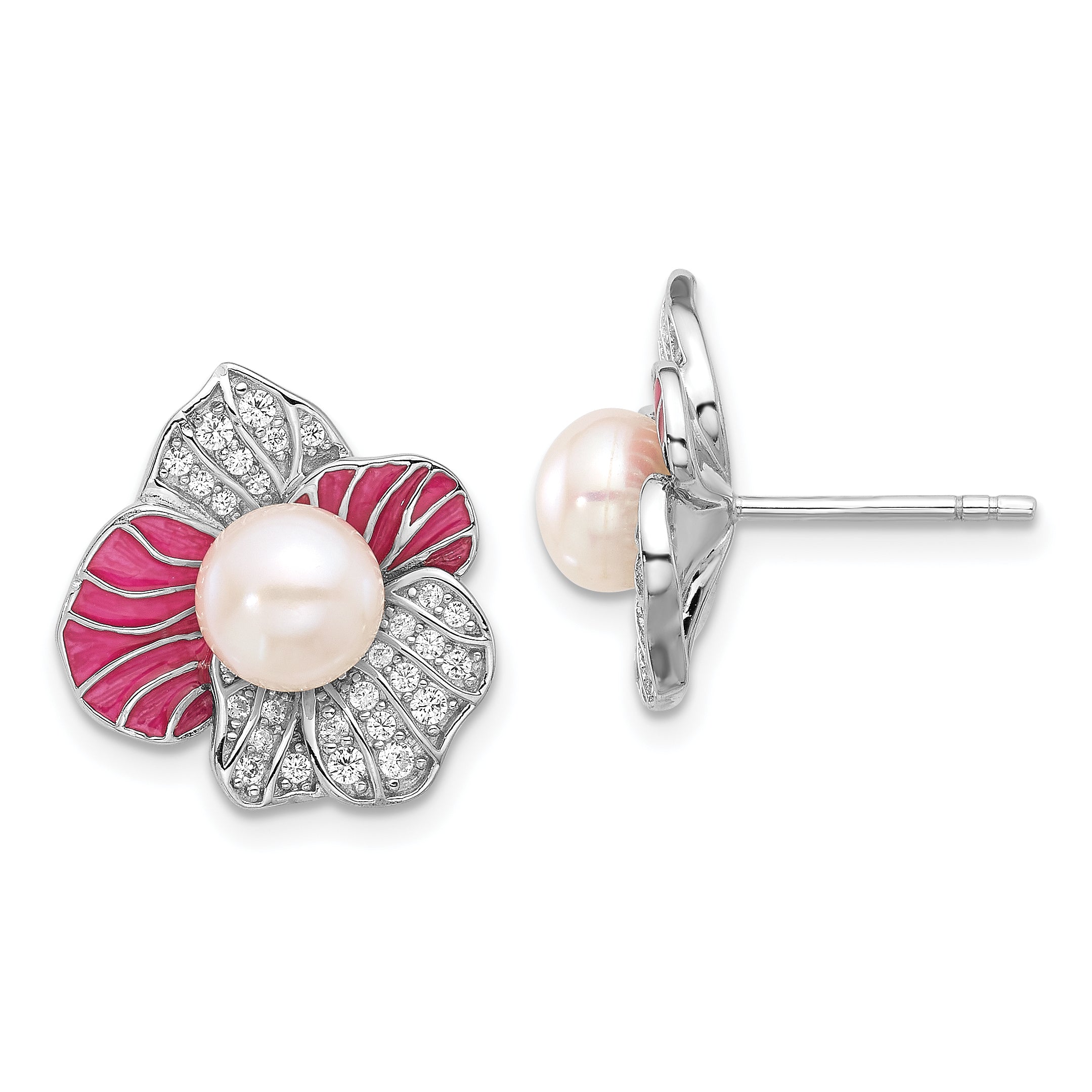 Sterling Silver RH-plated Pink Enamel 6-7mm FWC Pearl/CZ Flower Earrings Main image
